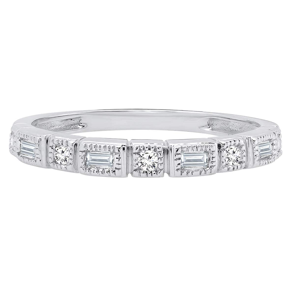 0.1ct 10K Solid White Gold Round & Baguette Diamond Wedding Band for Women - Anniversary, Engagement & Special Occasion Jewelry Gift