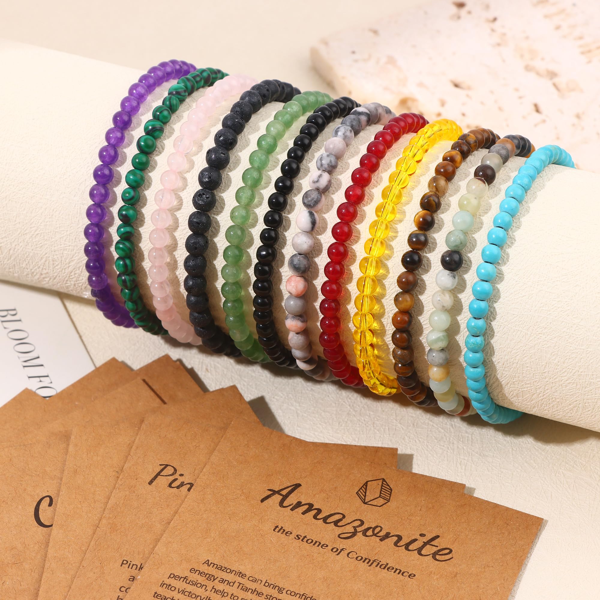 SONNYX 12PCS Natural Stone Bracelets for Women & Men - 4mm Crystal Beaded Stretch Bracelets with Semi-Precious Gemstones - Round Bead Yoga Meditation Jewelry for Spiritual Healing & Fashion Accessories