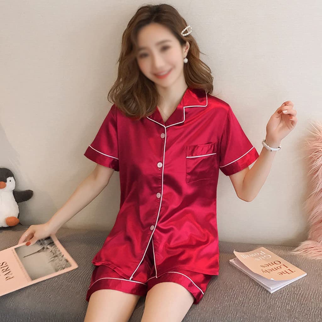 Premium Women's Satin Pajama Set - Summer Silk Sleepwear with Turn-Down Collar, Short Sleeve Top & Shorts (XL, Color A) - Perfect for Relaxing at Home, Lounging & Comfortable Nightwear