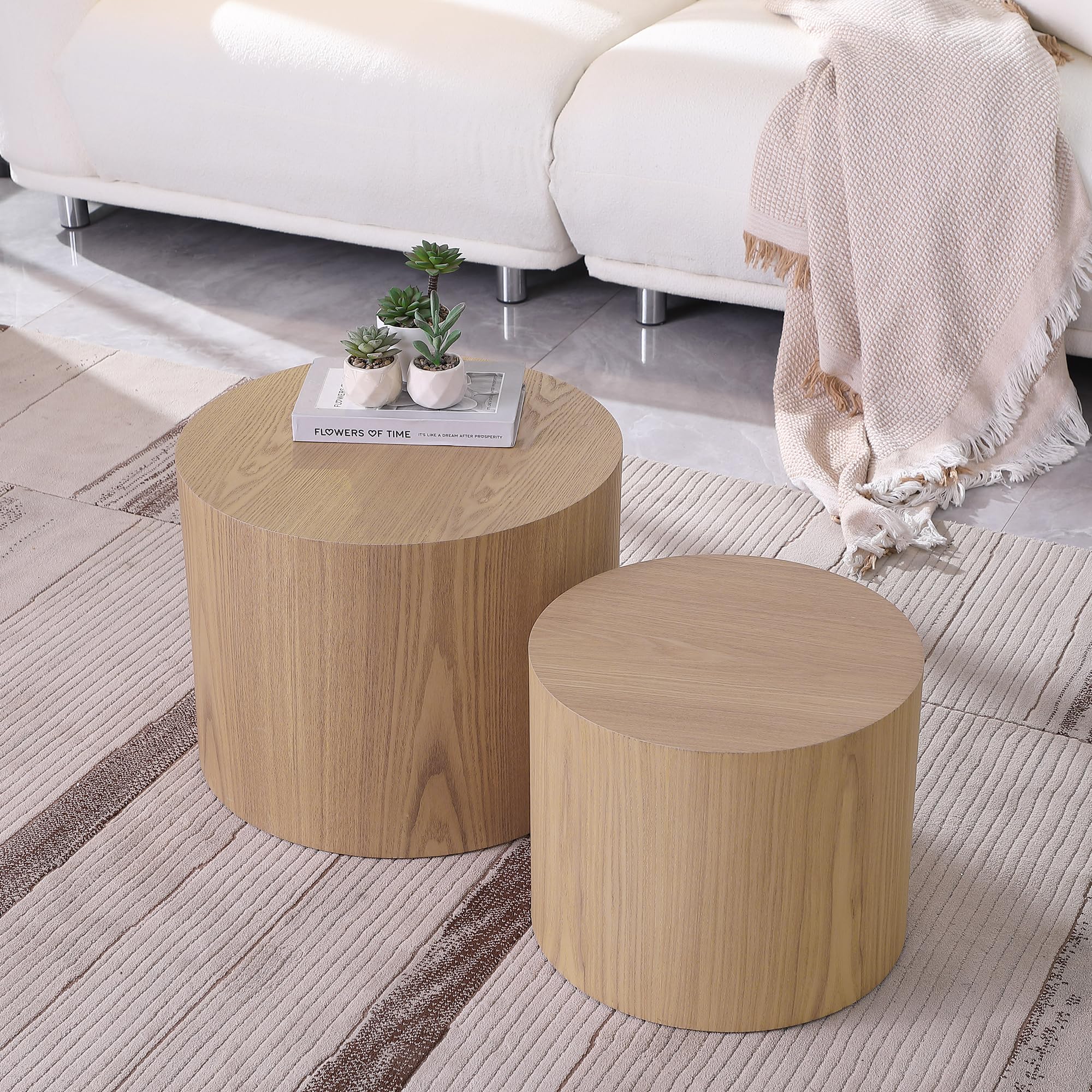 Round Coffee Table Set of 2 - Nesting Wooden Drum Side Tables for Living Room & Office | No Assembly Needed | Perfect for Small Spaces, Coffee Nooks & Lounge Areas