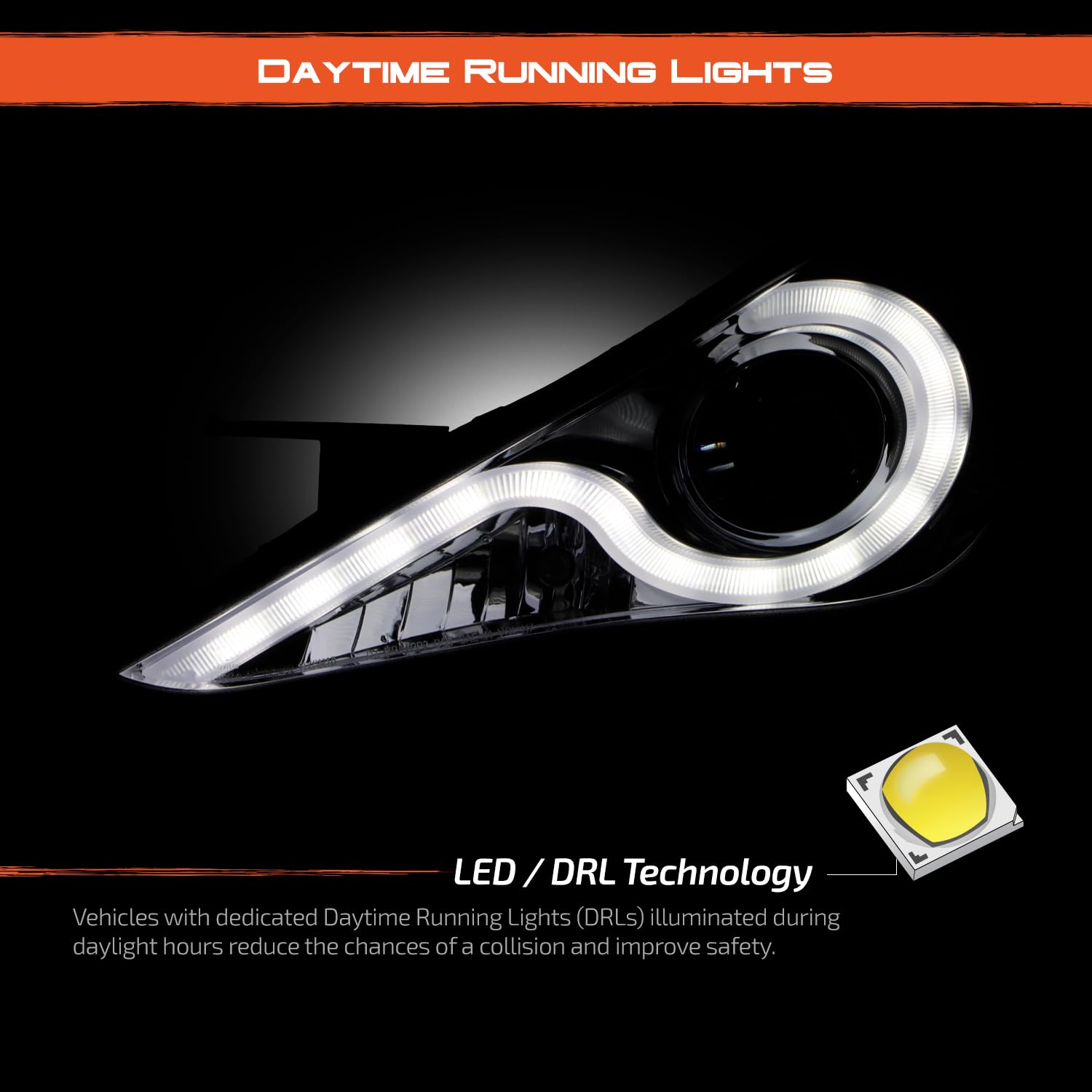 AKKON Smoked LED DRL Strip V2 Projector Headlights - Compatible with Hyundai Sonata (Left + Right Pair) | Daylight Running Lights Upgrade for Enhanced Visibility & Style