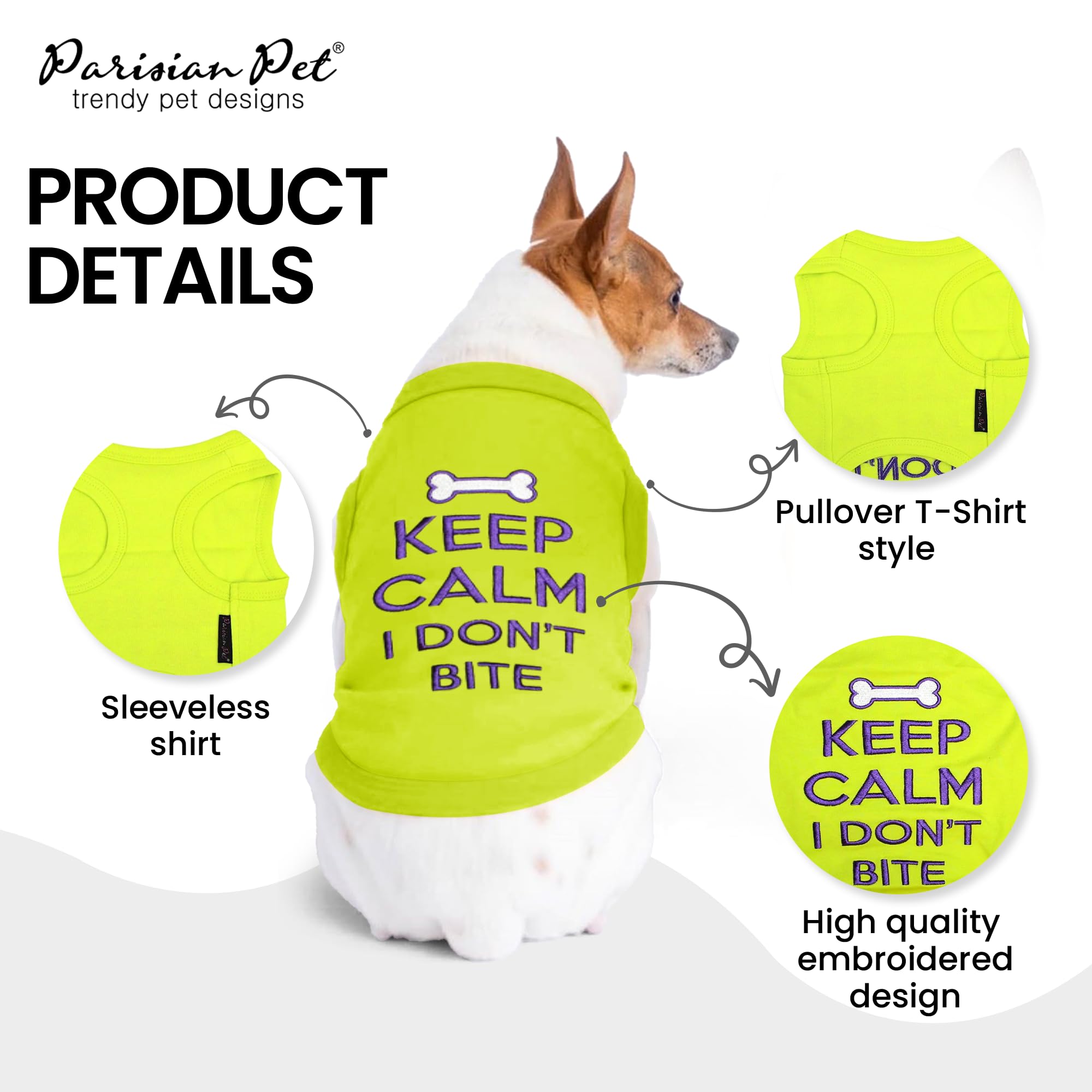 Parisian Pet Dog T-Shirt - Embroidered 'Keep Calm I Don't Bite' Sleeveless Vest - Breathable Lightweight Dog Clothes for Small Breeds (XS) - Machine Washable Puppy Apparel - Perfect for Walks, Park Visits & Photo Shoots