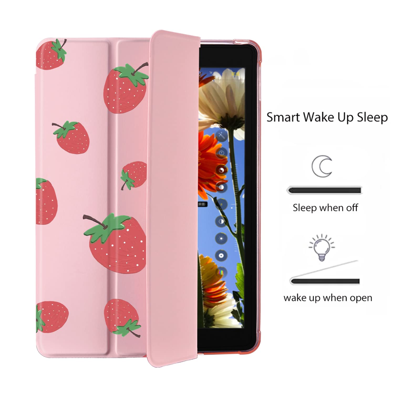 Strawberry Pattern iPad Air 3 Case with Pencil Holder - Pink Leather Soft TPU Back Cover for iPad Pro 10.5 Inch 2017 | Auto Sleep/Wake Function | Perfect for School, Work & Travel Protection