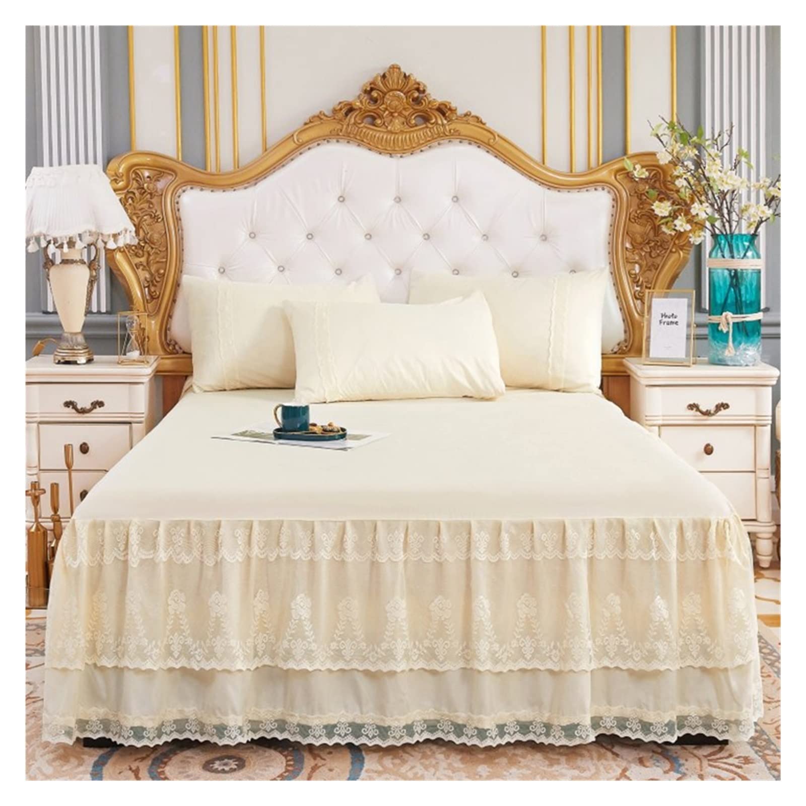 Elegant 3-Layer Lace Ruffled Bed Skirt - Non-Slip Mattress Cover for Queen Size Beds (180x220cm) | Perfect for Master Bedroom Decor & Guest Room Styling