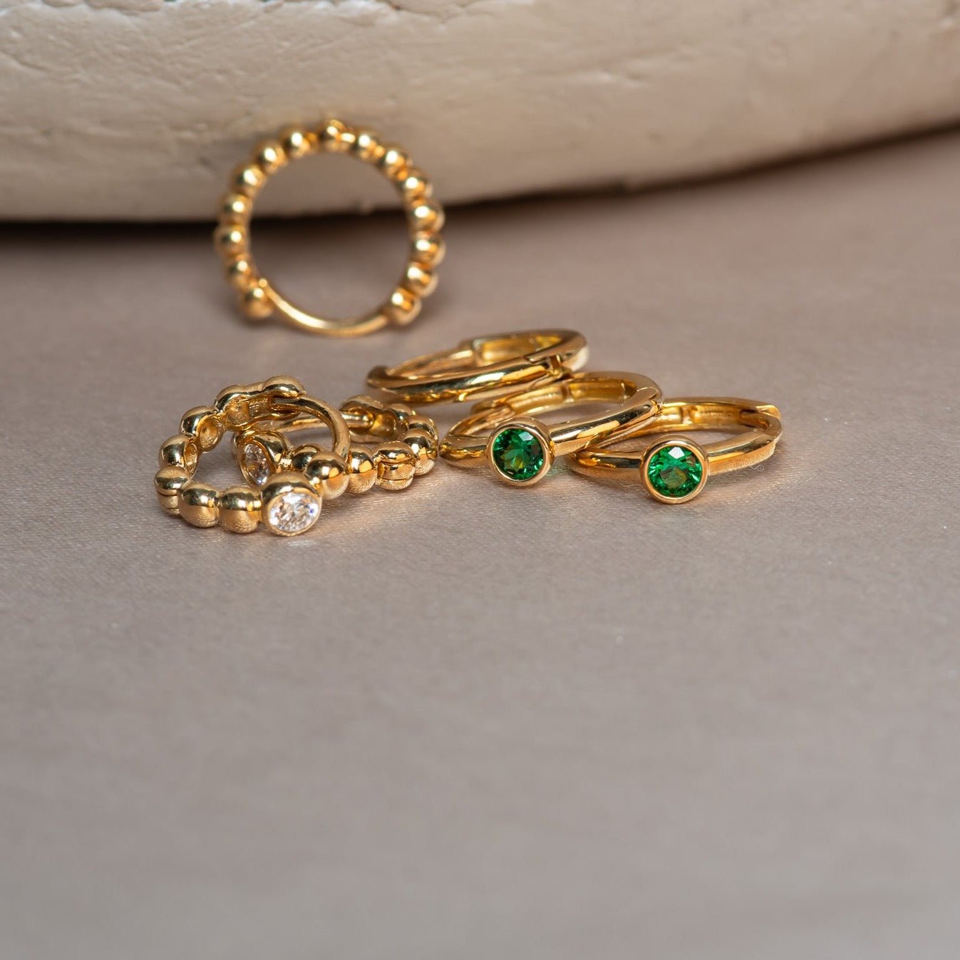 14K Solid Yellow Gold Emerald Huggie Hoop Earrings - Dainty Bezel Set Studs for Women, Perfect for Everyday Wear & Special Occasions