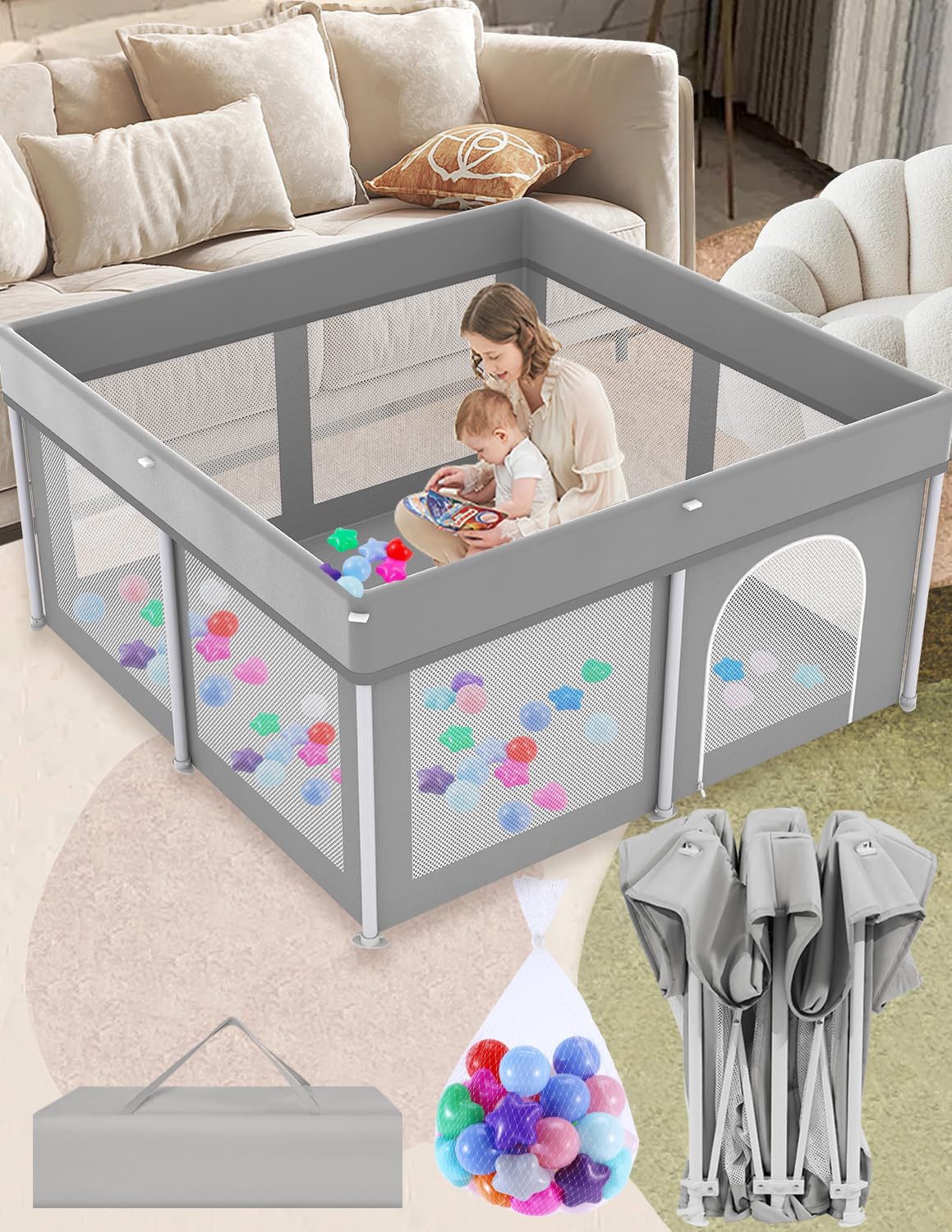 Foldable Baby Playpen 50x50 - Ultra Portable Playard with Soft Breathable Mesh - Quick 3 Second Setup - Safe Activity Center for Toddlers & Infants - Grey - Perfect for Home, Travel, Daycare & Outdoor Play