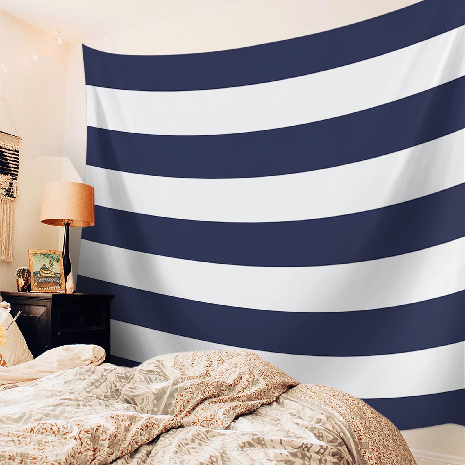 Nautical Navy Blue White Stripes Wall Tapestry - 85
