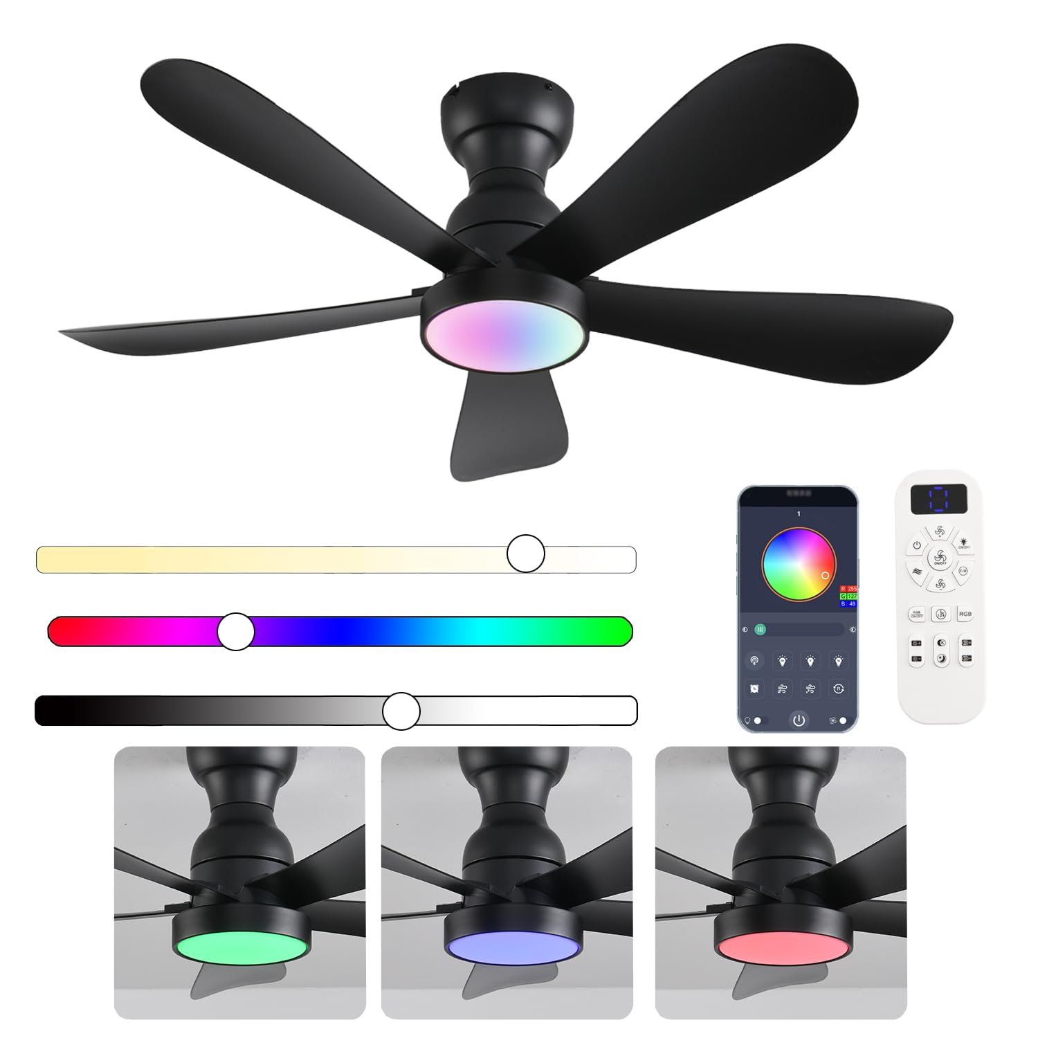 42 Inch Black Ceiling Fan with LED Light & Remote/App Control - Flush Mount Smart Fan with RGB Dimmable Lighting, Ultra Quiet Modern Design for Bedroom, Living Room, Indoor/Outdoor Use - Perfect for Home, Office, and Patio Cooling