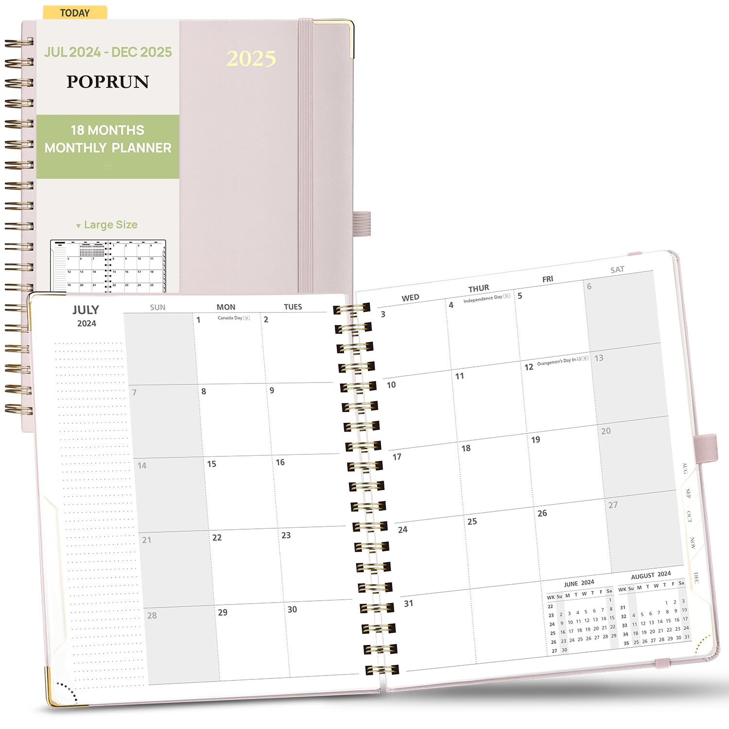 POPRUN 2024-2025 Monthly Planner - 18 Month Spiral Bound Calendar (July 2024 to December 2025) - 8