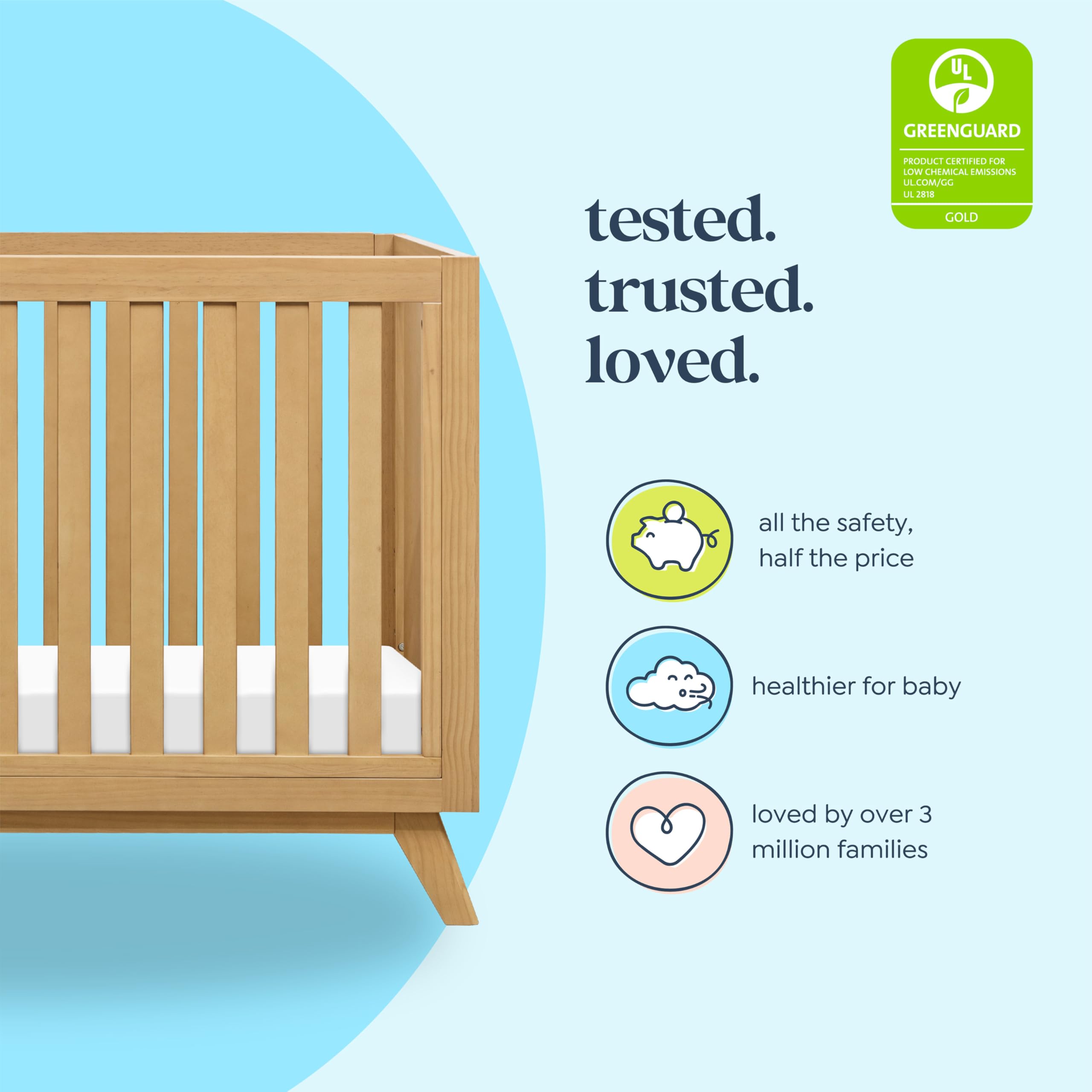 DaVinci Otto 3-in-1 Convertible Baby Crib in Honey Finish - Greenguard Gold Certified Safe & Non-Toxic - Nursery Furniture for Newborn to Toddler - Perfect for Modern Nursery & Bedroom Decor