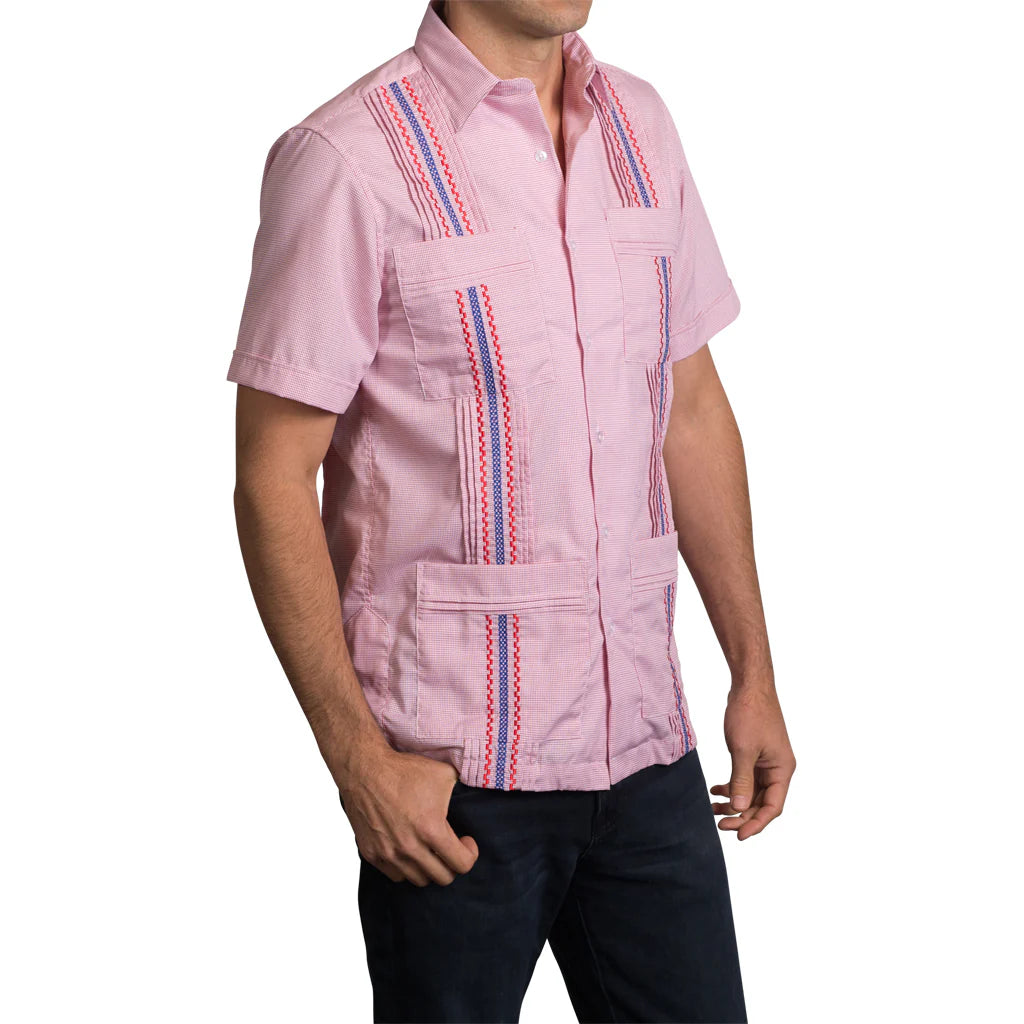 San Cristobal Red Checkered Short Sleeve Guayabera Shirt for Men - Casual Summer Wear, Beach Outings & Tropical Vacations