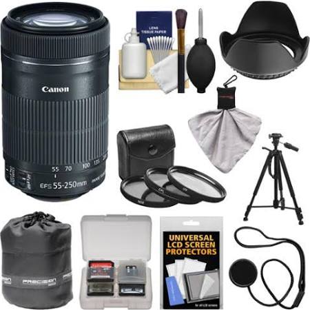 Canon EF-S 55-250mm f/4-5.6 IS STM Telephoto Zoom Lens with Tripod, 3 Filters & Hood Kit - Compatible with EOS 70D, Rebel T3/T3i/T4i/T5/T5i, SL1 DSLR Cameras - Perfect for Wildlife, Sports & Travel Photography