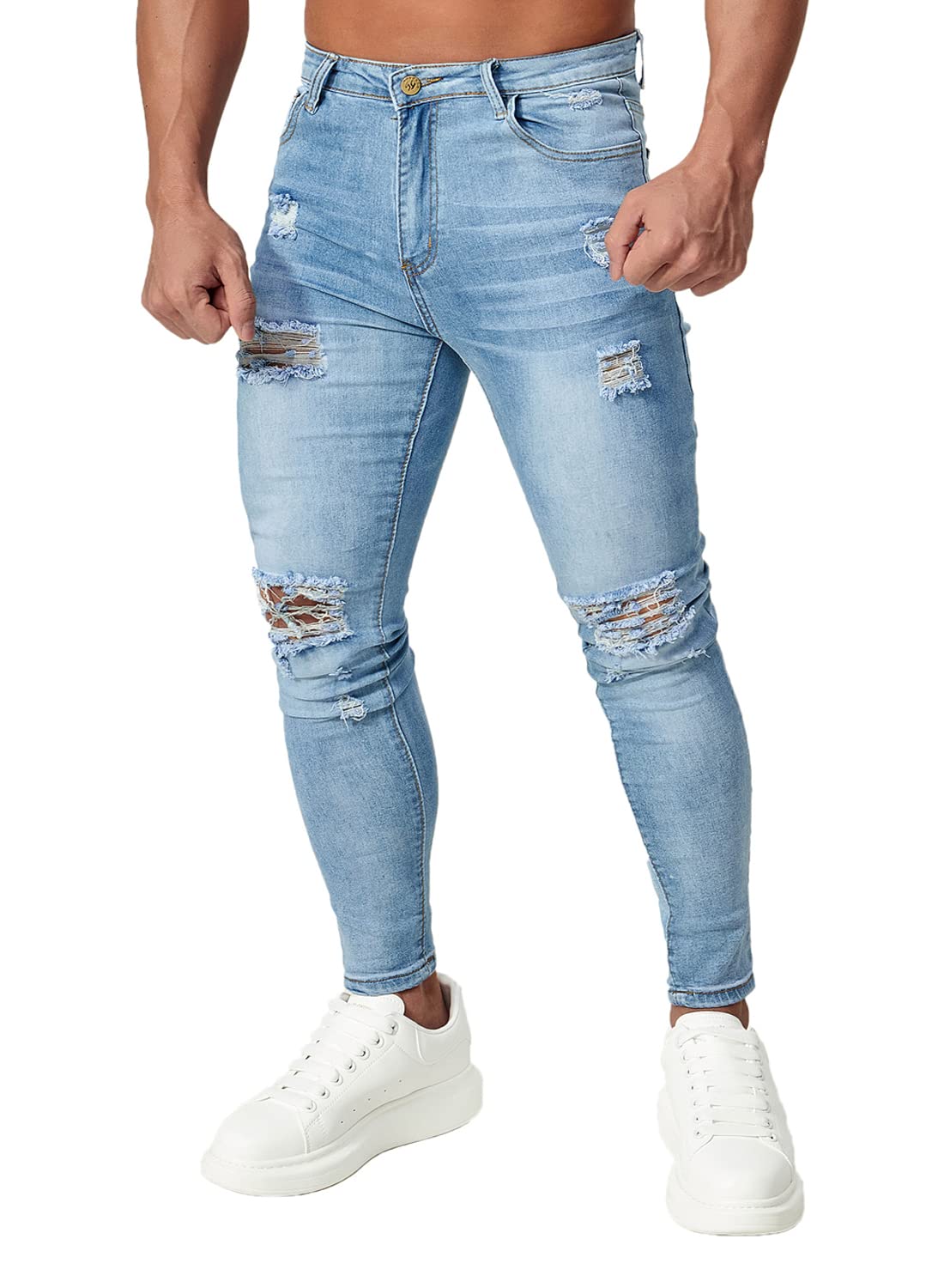 HUNGSON Men's Ripped Skinny Jeans - Stretchy Slim Fit Denim Pants for Men | Comfortable & Stylish for Casual Wear, Night Out, and Everyday Fashion