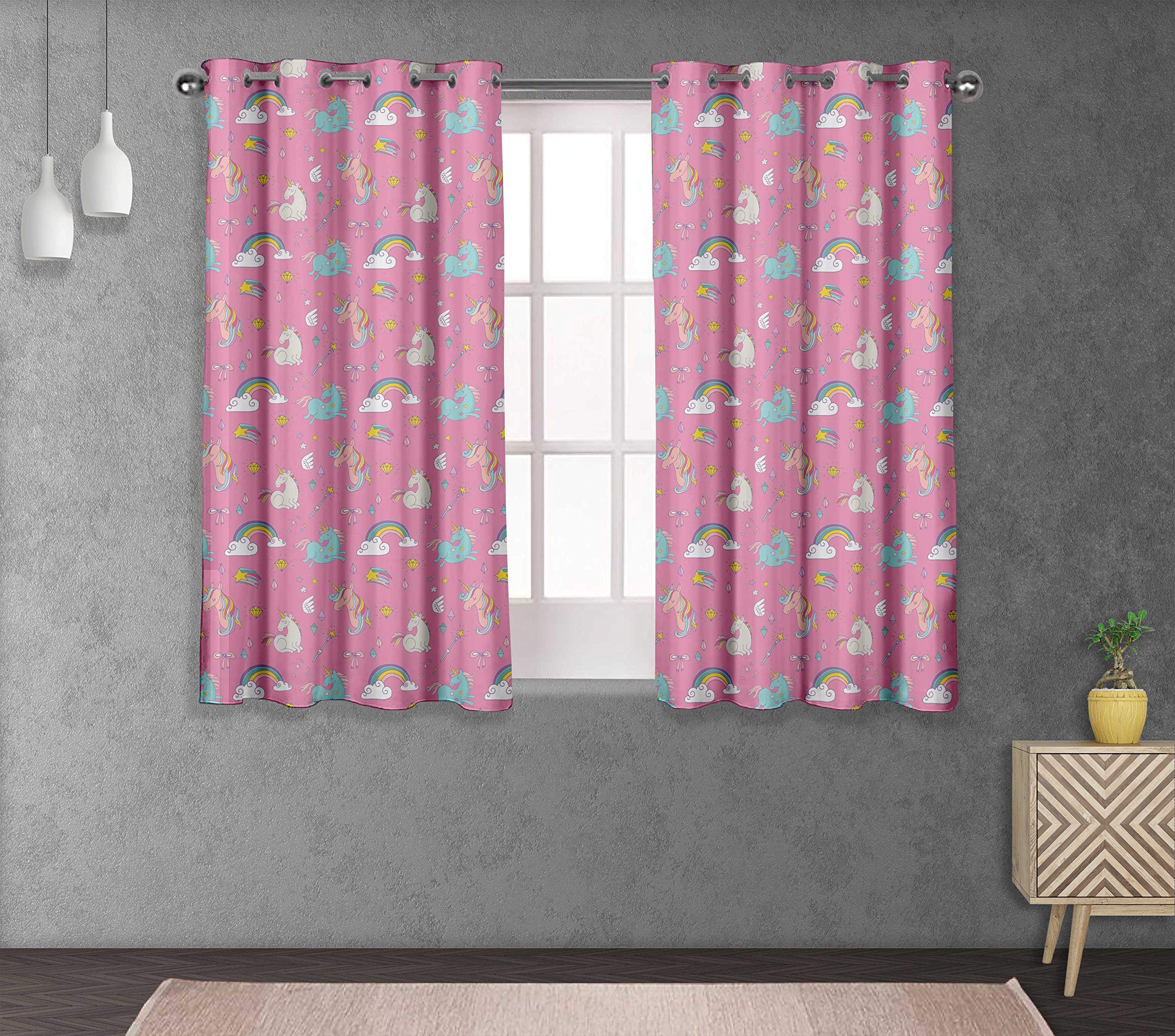 **S4Sassy Cotton Duck Unicorn Rainbow Pink Kids Double Panel Long Window Eyelet Curtains - 54x84 Inches - Perfect for Bedroom, Nursery, Playroom & Living Room Decor**
