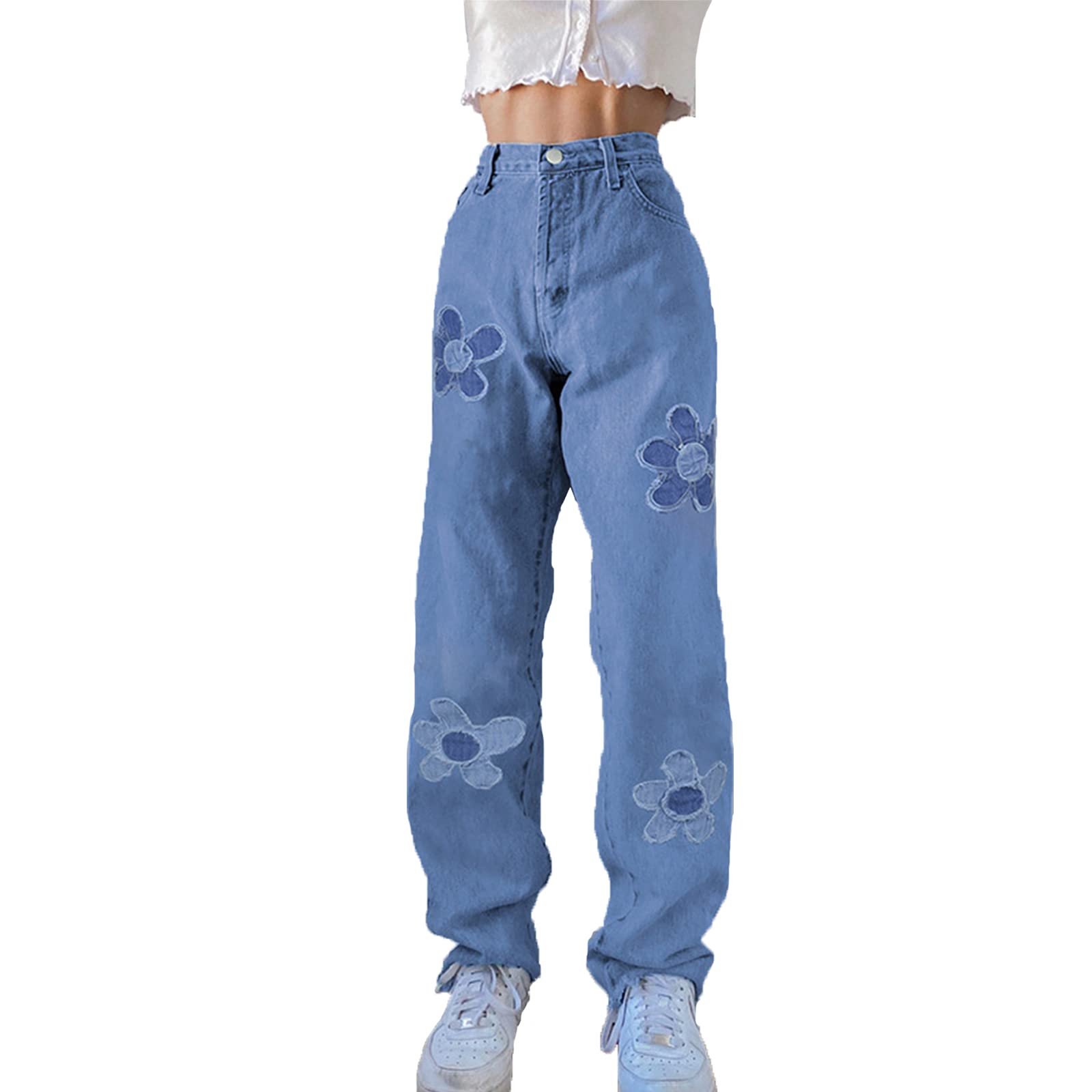FOMOYUU Women's High Waisted Loose Fit Printed Jeans - Y2K Retro Straight Leg Wide Pants for Casual Streetwear & Everyday Outfits | Perfect for College, Dating, and Weekend Hangouts
