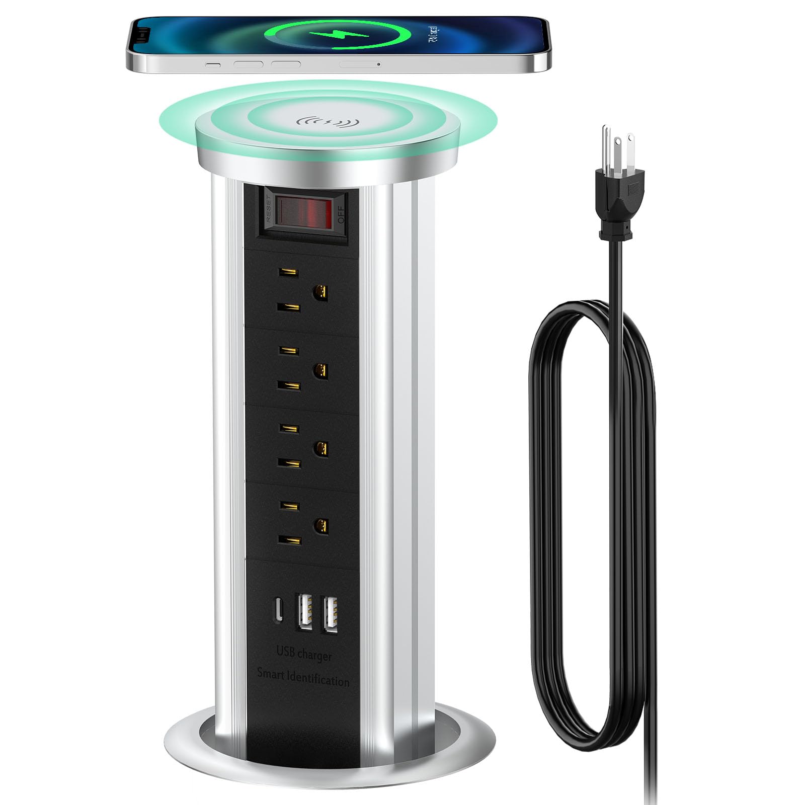 QBA Pop Up Outlet with 20W USB-C & 10W Wireless Charger - 4 AC Outlets & 3 USB Ports Recessed Power Strip for Kitchen Island, Office, Countertop - Flush Mount Electrical Outlet (Black) | Perfect for Home, Office & Coffee Shop Charging Stations