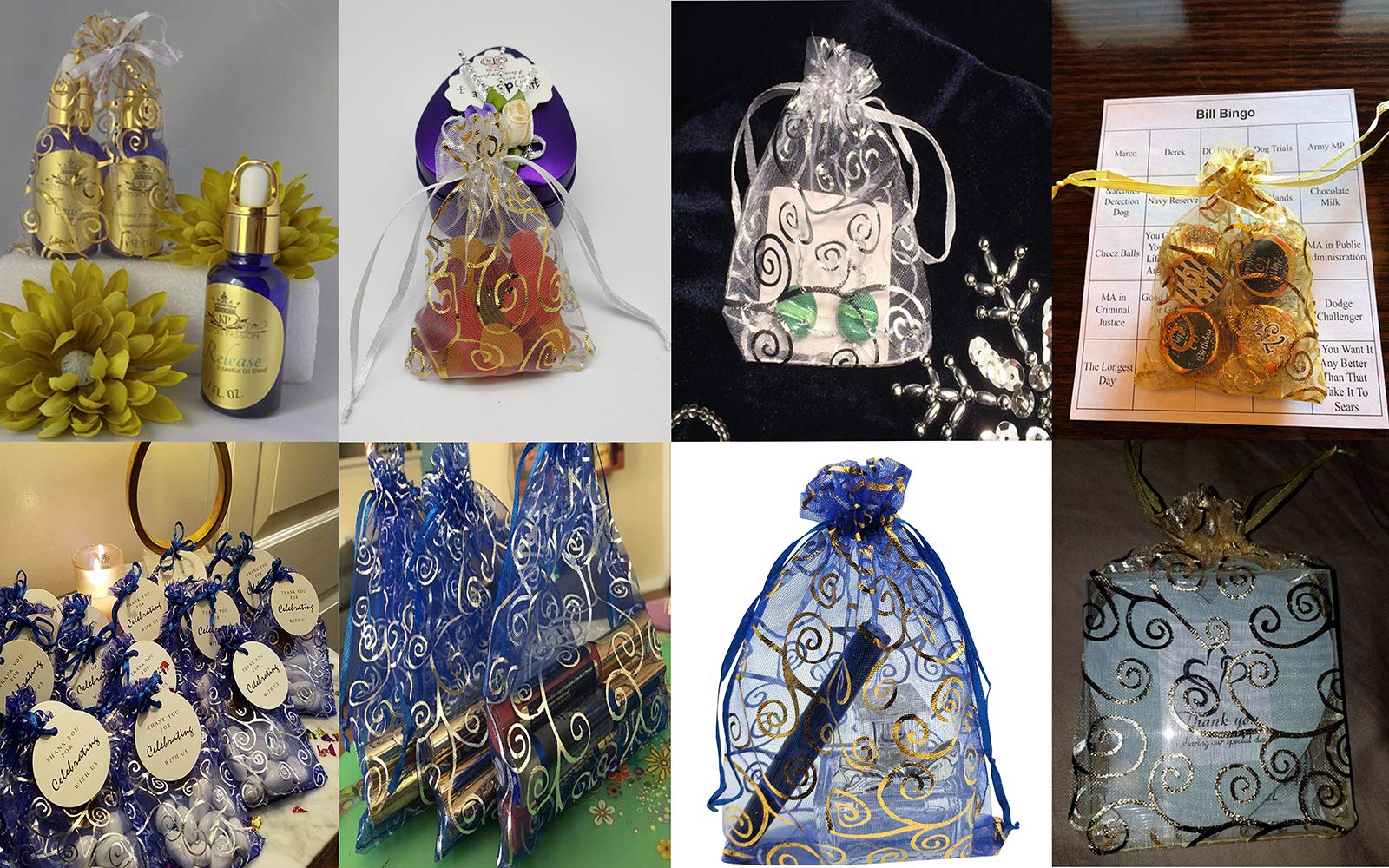 100pcs Blue Sheer Organza Favor Bags 3x4 Inch - Wedding, Baby Shower, Party Gift Bags with Drawstring - Rattan Print Organza Pouches for Candy, Jewelry, Party Favors & Sample Displays
