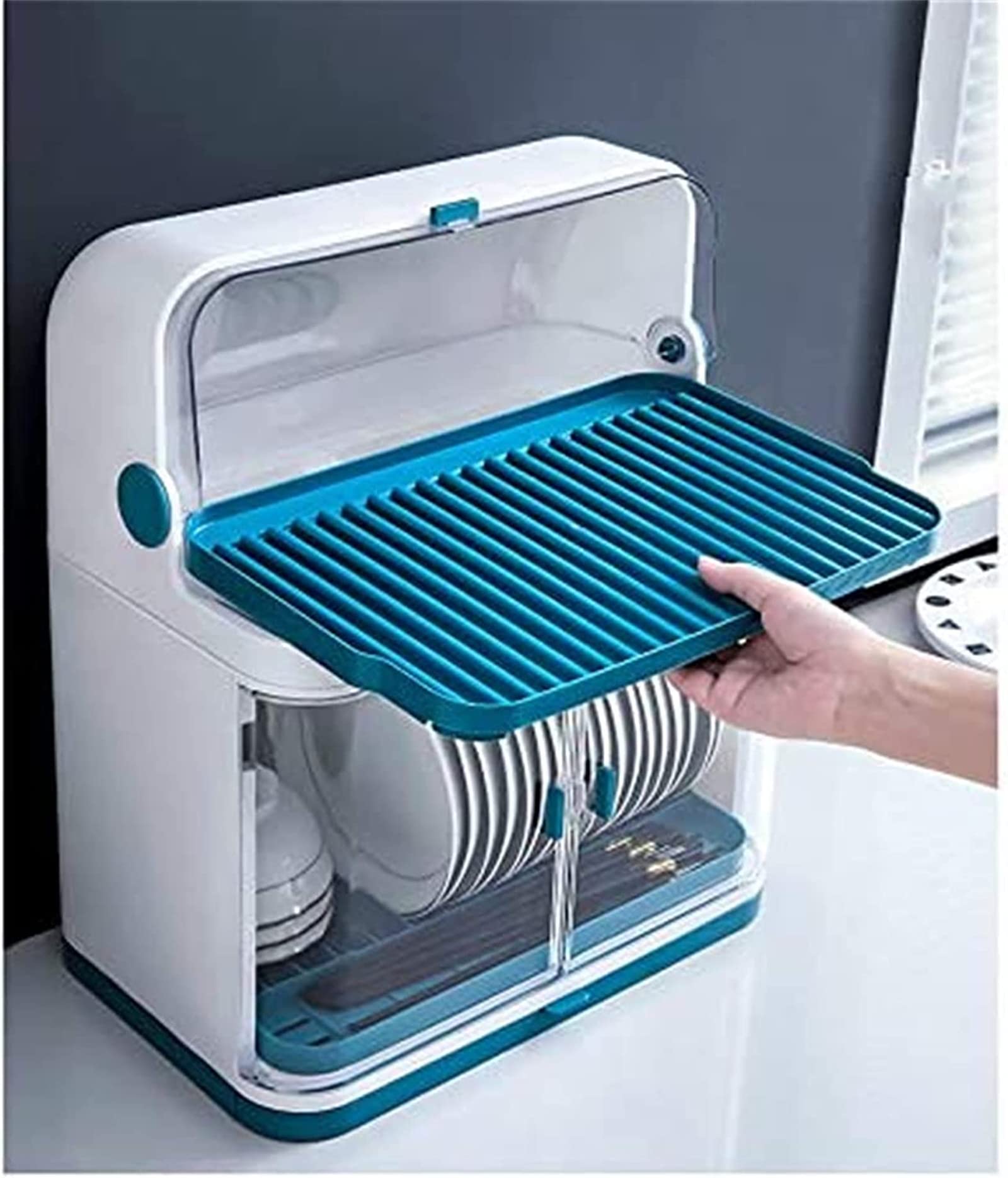2-Tier Dish Drying Rack with Drain Board & Transparent Dust Cover - Space Saving Kitchen Organizer for Plates, Cups, Utensils - Perfect for Small Kitchens, Apartments & RVs