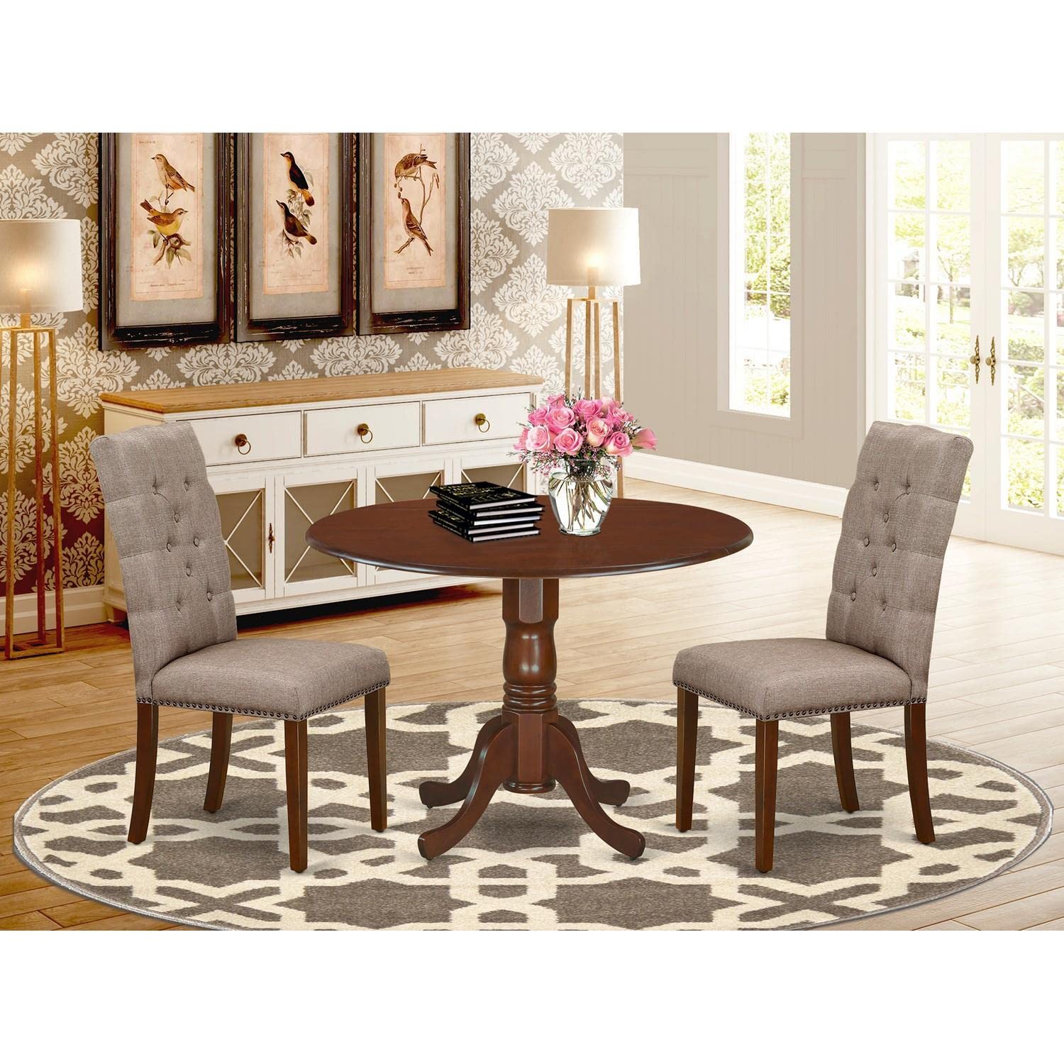 East West Furniture 3-Piece Kitchen Table Set with Round Drop-Leaf Dining Table & 2 Dark Khaki Linen Upholstered Chairs, 42x42 Inch, Mahogany - Perfect for Small Spaces, Breakfast Nooks & Cozy Dining Areas