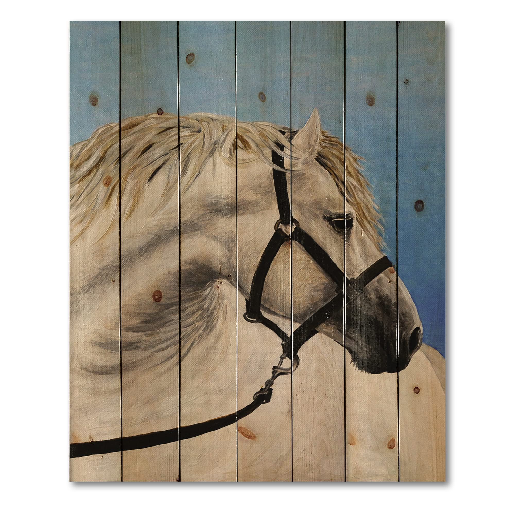 DesignQ White Horse in Furrow Farmhouse Wood Wall Art - Large Animal Print on Natural Pine Wood Panel - Rustic Home Decor for Living Room, Bedroom & Office