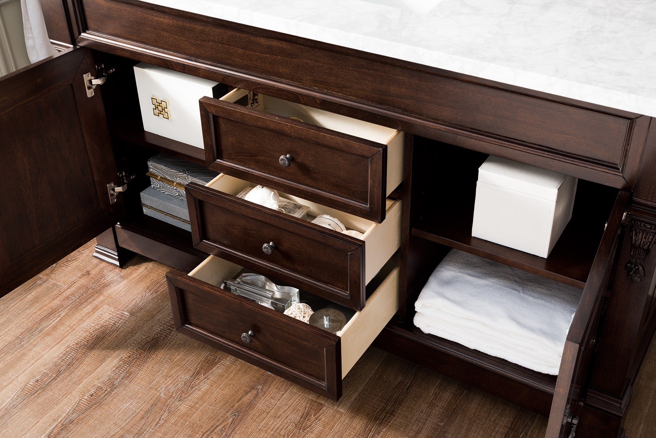 Brookfield 60 Inch Single Bathroom Vanity with Burnished Mahogany Finish & 3CM Carrara Marble Top - Perfect for Modern Master Bathrooms and Powder Rooms