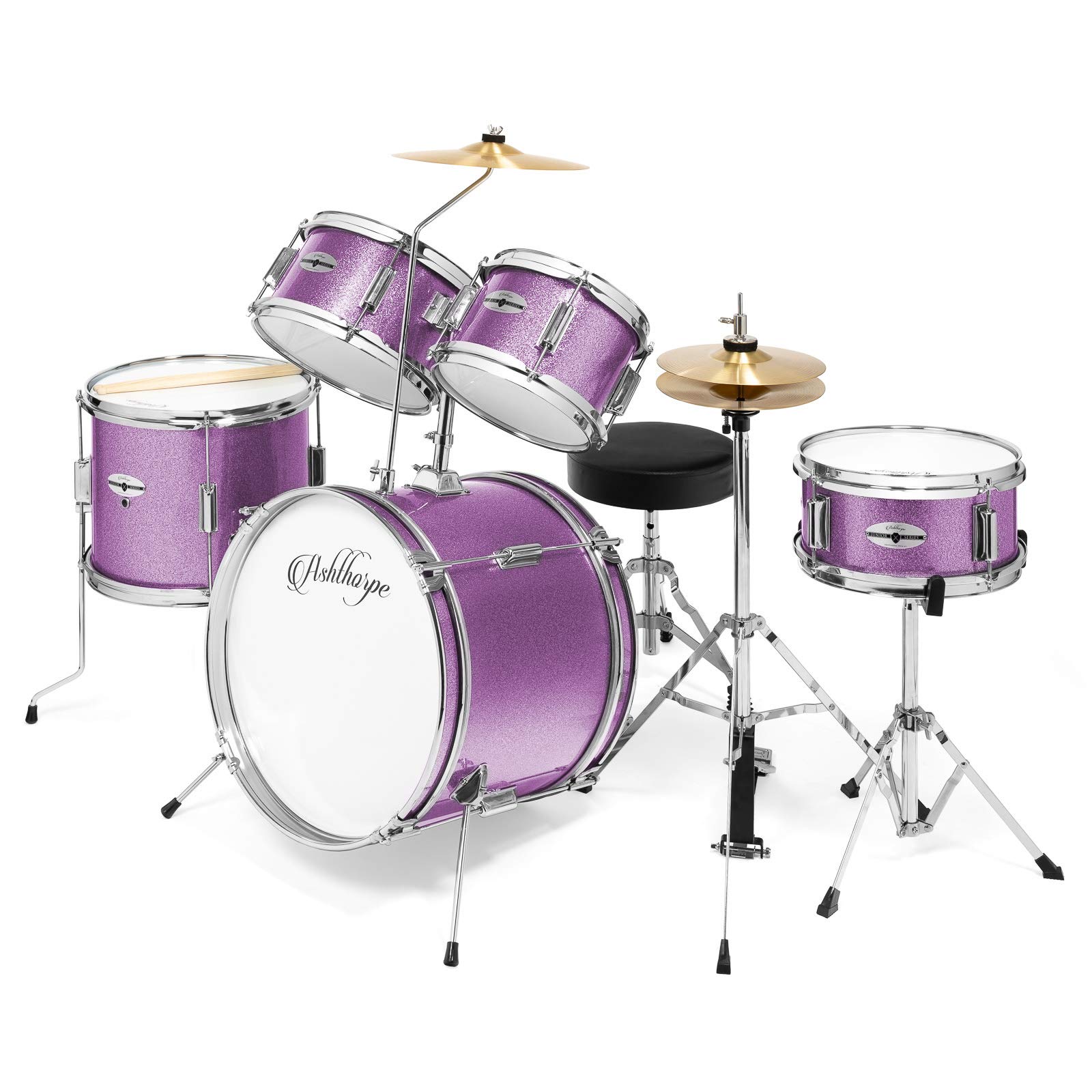 Ashthorpe 5-Piece Complete Junior Drum Set with Genuine Brass Cymbals - Best Beginner Drum Kit for Kids & Teens with 16