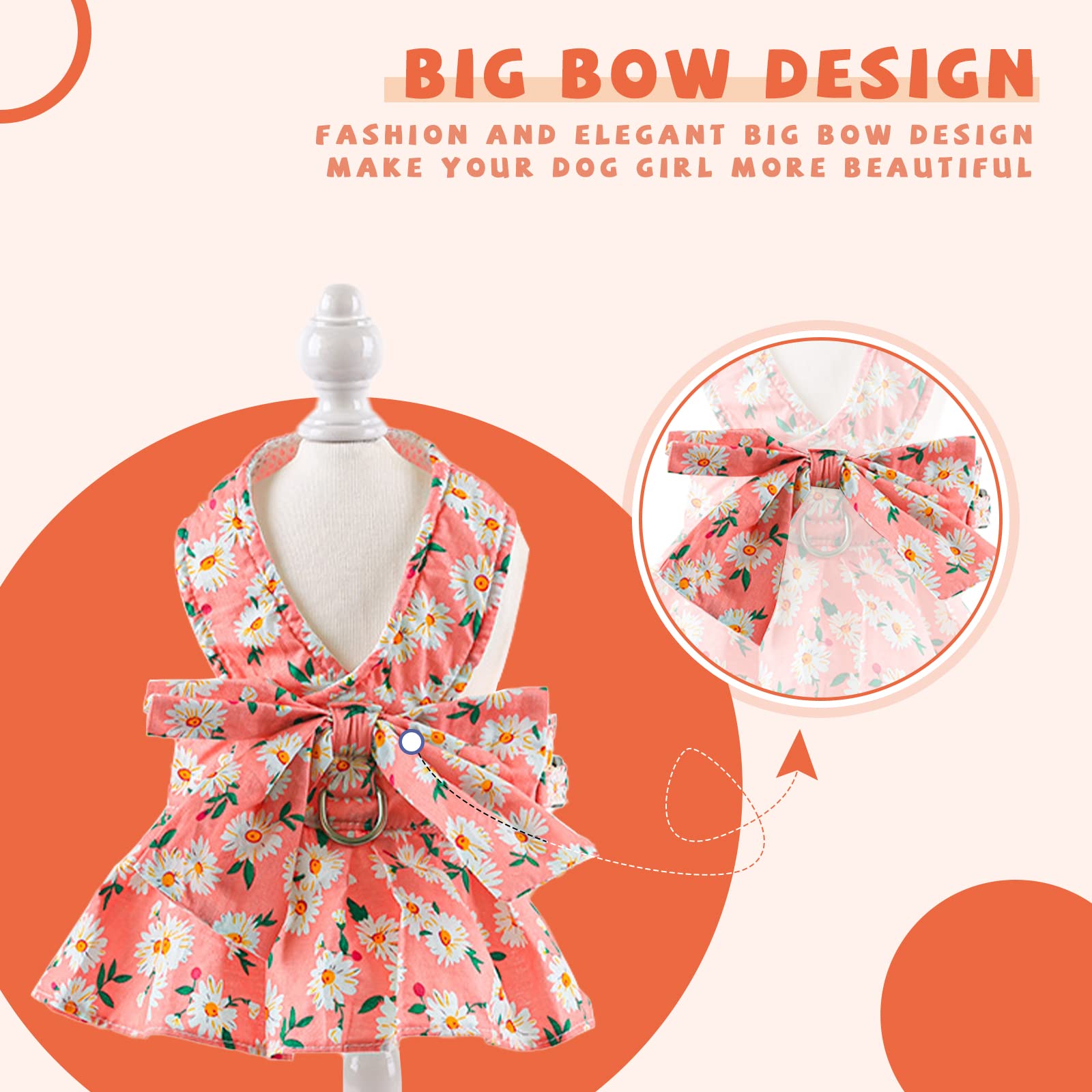 BAEJMJK Cute Floral Dog Dress with Bowknot Harness & Leash Set - Breathable Spring Summer Outfit for Small Dogs & Cats (Pink, X-Small) | Perfect for Puppy Princess Costumes, Pet Fashion Shows & Daily Walks