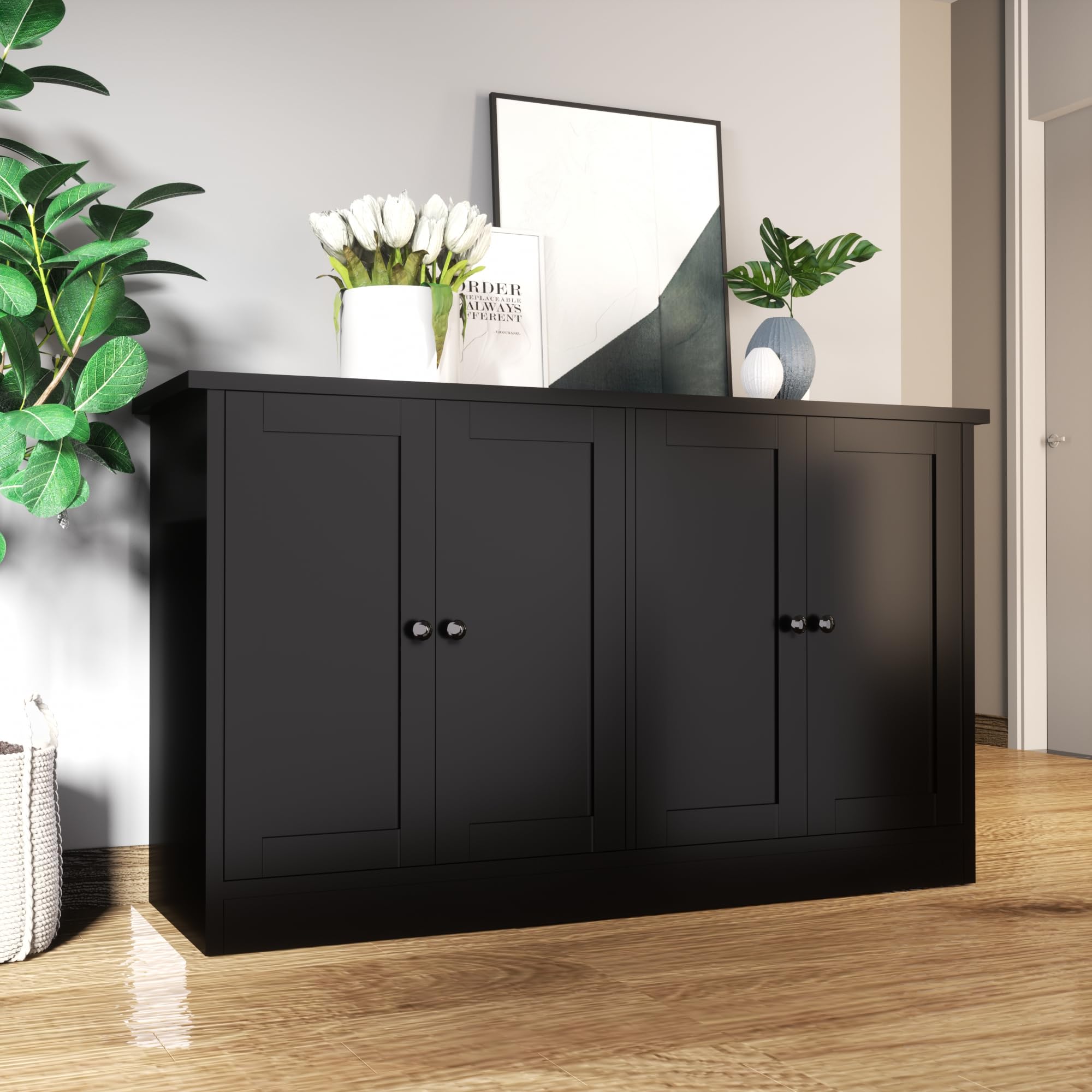 Black Buffet Storage Cabinet with 4 Doors, 49