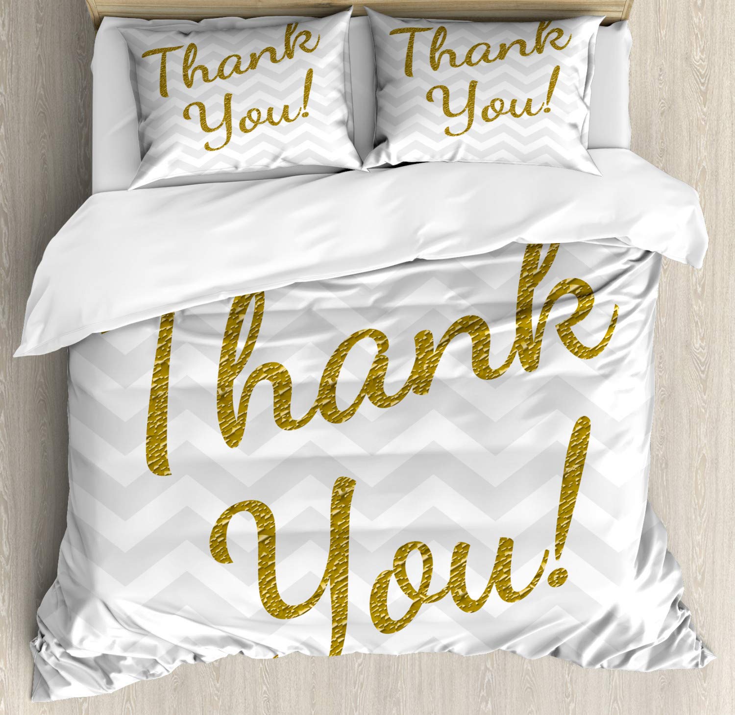 Ambesonne Thank You Duvet Cover Set - Golden Yellow Glitter Typography Zigzag Gratitude Design, 3-Piece Queen Size Bedding with 2 Pillow Shams in Pale Grey & Dark Khaki | Perfect for Guest Rooms, Thanksgiving Decor & Cozy Bedroom Makeovers