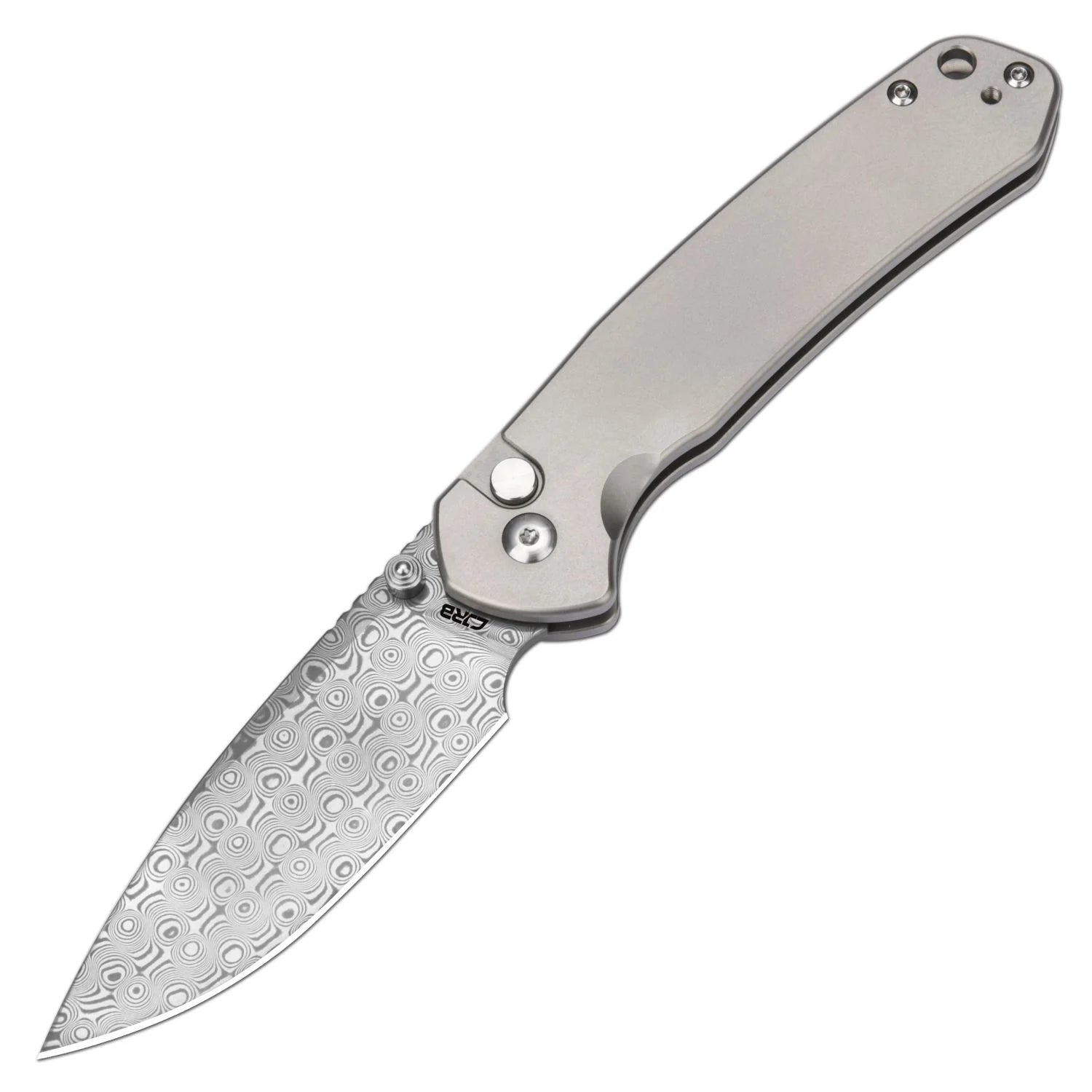 CJRB Pyrite Button Lock Folding Knife - Damascus Steel Drop Point Blade & Titanium Handles - EDC, Outdoor, Camping, Survival Gear