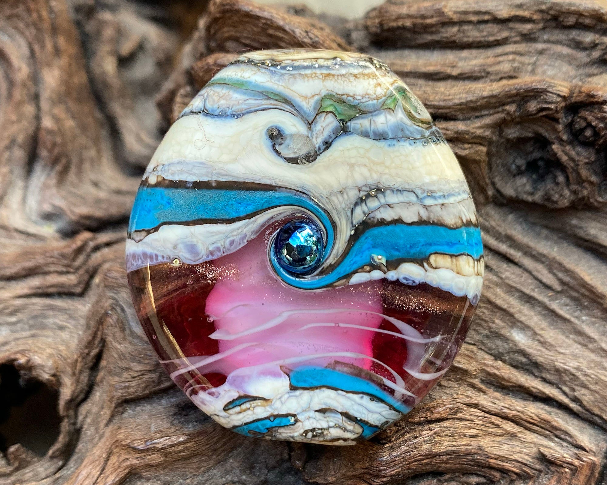 Handmade Turquoise Pink Organic Lampwork Glass Focal Bead for Jewelry Making - Perfect for Necklaces, Bracelets & DIY Craft Projects