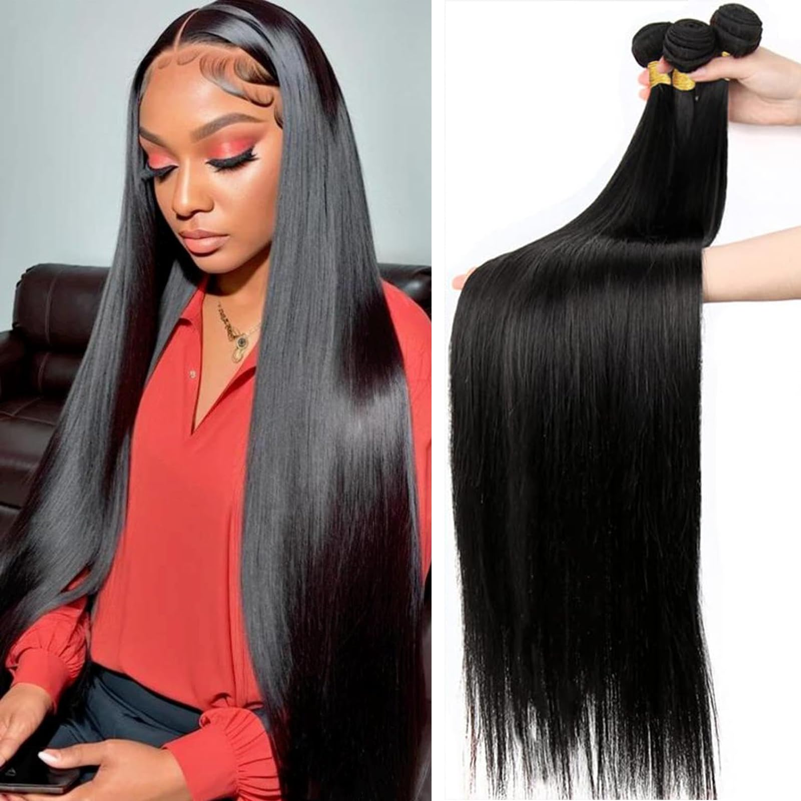 12A Brazilian Straight Human Hair Bundles 28 30 32 Inch - 100% Unprocessed Virgin Hair Weave - 3 Bundles Natural Black Color for Sew-in, Clip-in Extensions & Styling
