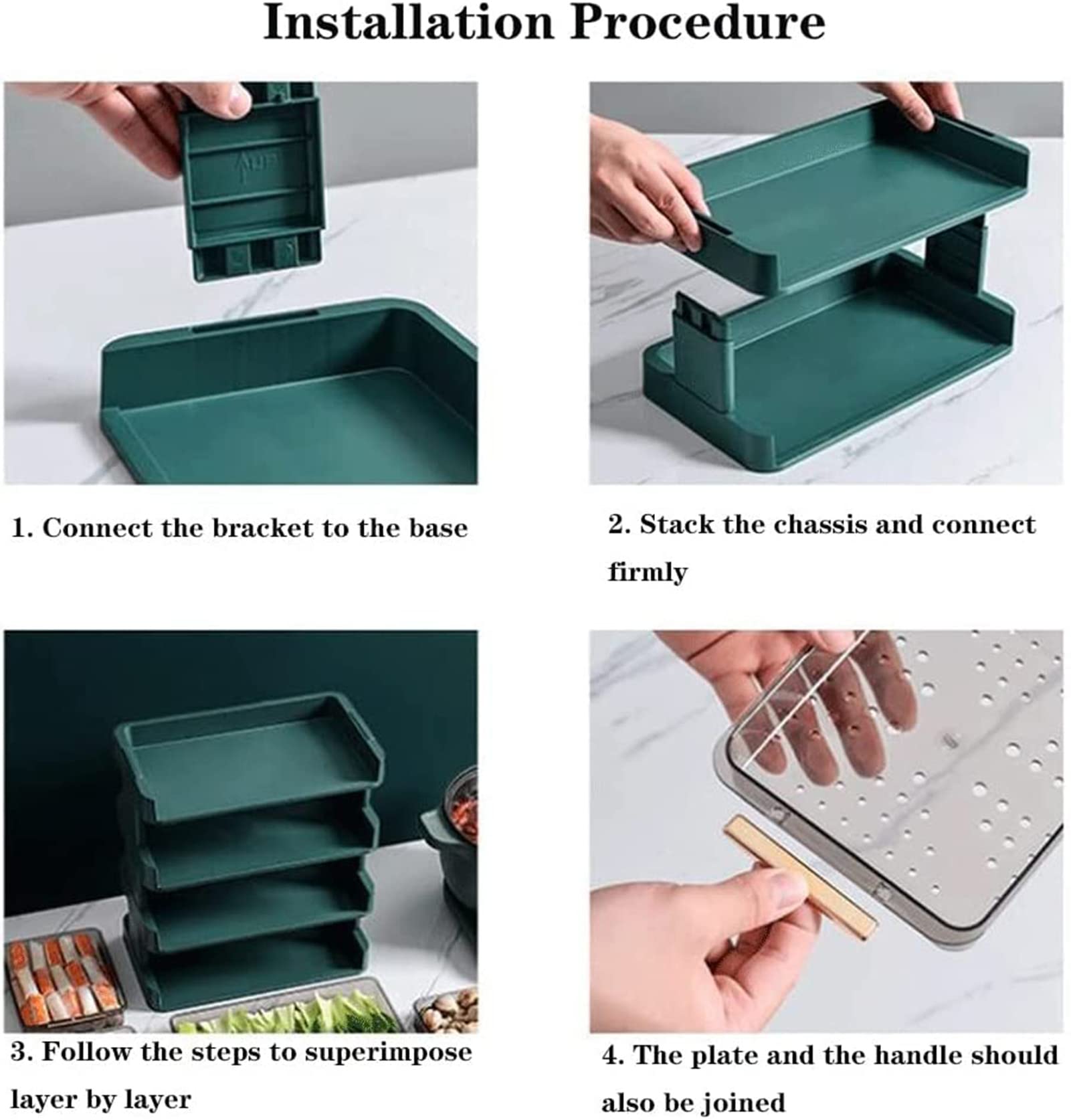 XINGAKA 4-Tier Kitchen Prep Tray Organizer with Pull-Out Drawers - Green Vegetable & Fruit Preparation Stand for Hot Pot, Salad, Meal Prep - Space Saving Countertop Storage Solution for Home & Restaurant Use
