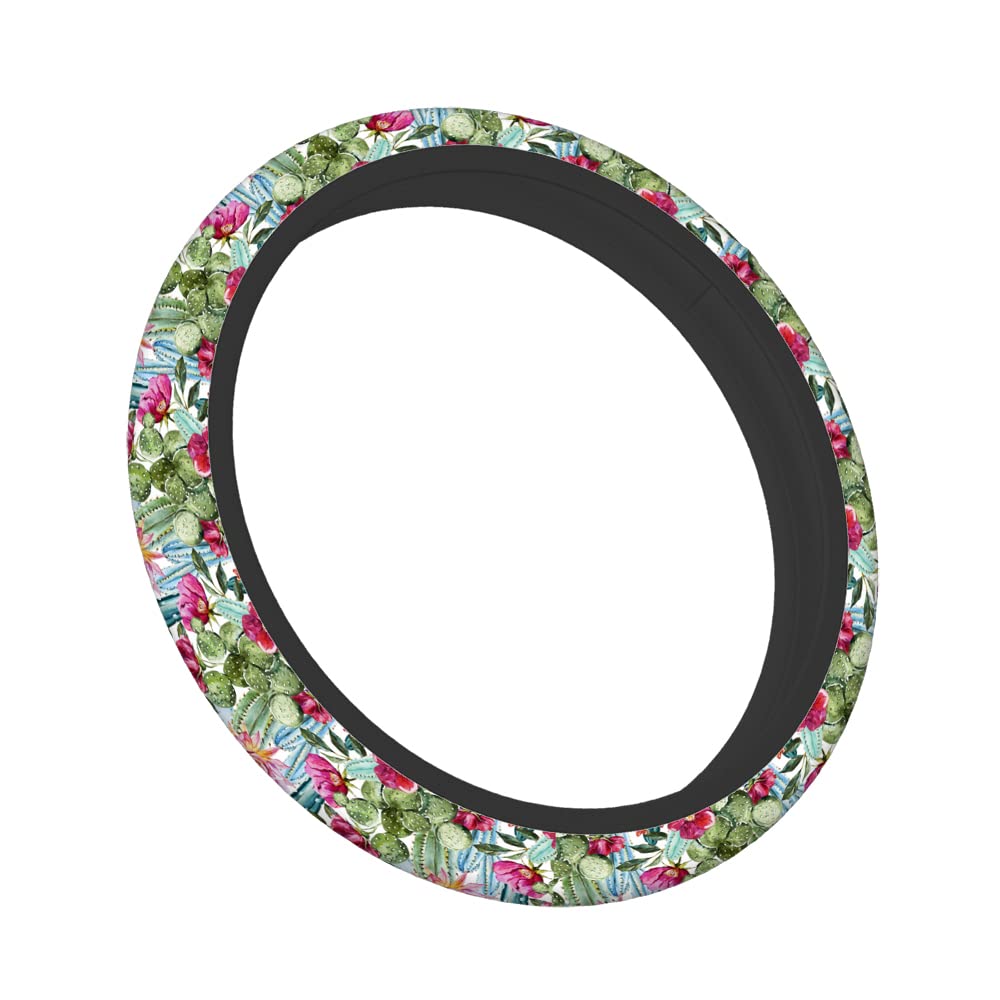Swono Tropical Flowers Roses and Cactus Steering Wheel Cover - 15 Inch Universal Fit Anti-Slip Fabric Protector for Cars, SUVs, Sedans | Perfect for Summer Road Trips and Beach Getaways