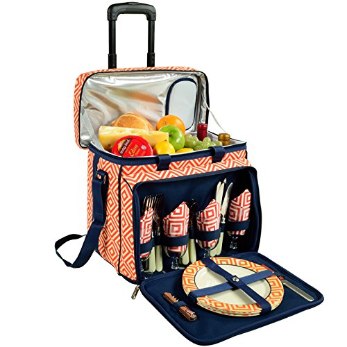 4 Person Picnic Backpack with Wheels - Complete Outdoor Picnic Set for Camping, Beach & Park (Orange) | Portable Rolling Cooler for Family Outings & Picnics