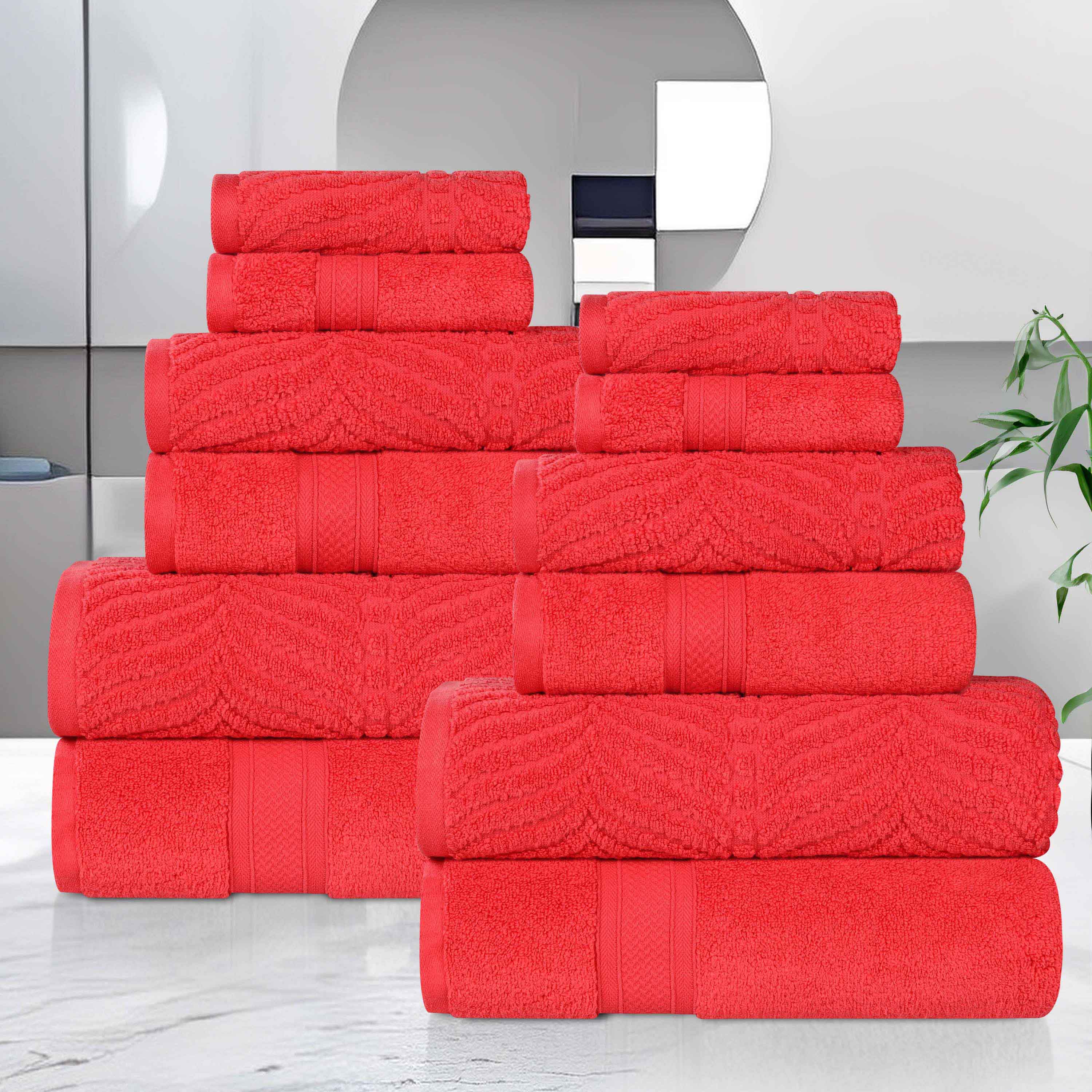 Premium 12-Piece Zero Twist Cotton Towel Set - Solid & Jacquard Chevron Design | Soft, Absorbent Bath & Beach Towels for Spa, Pool, and Luxury Home Use