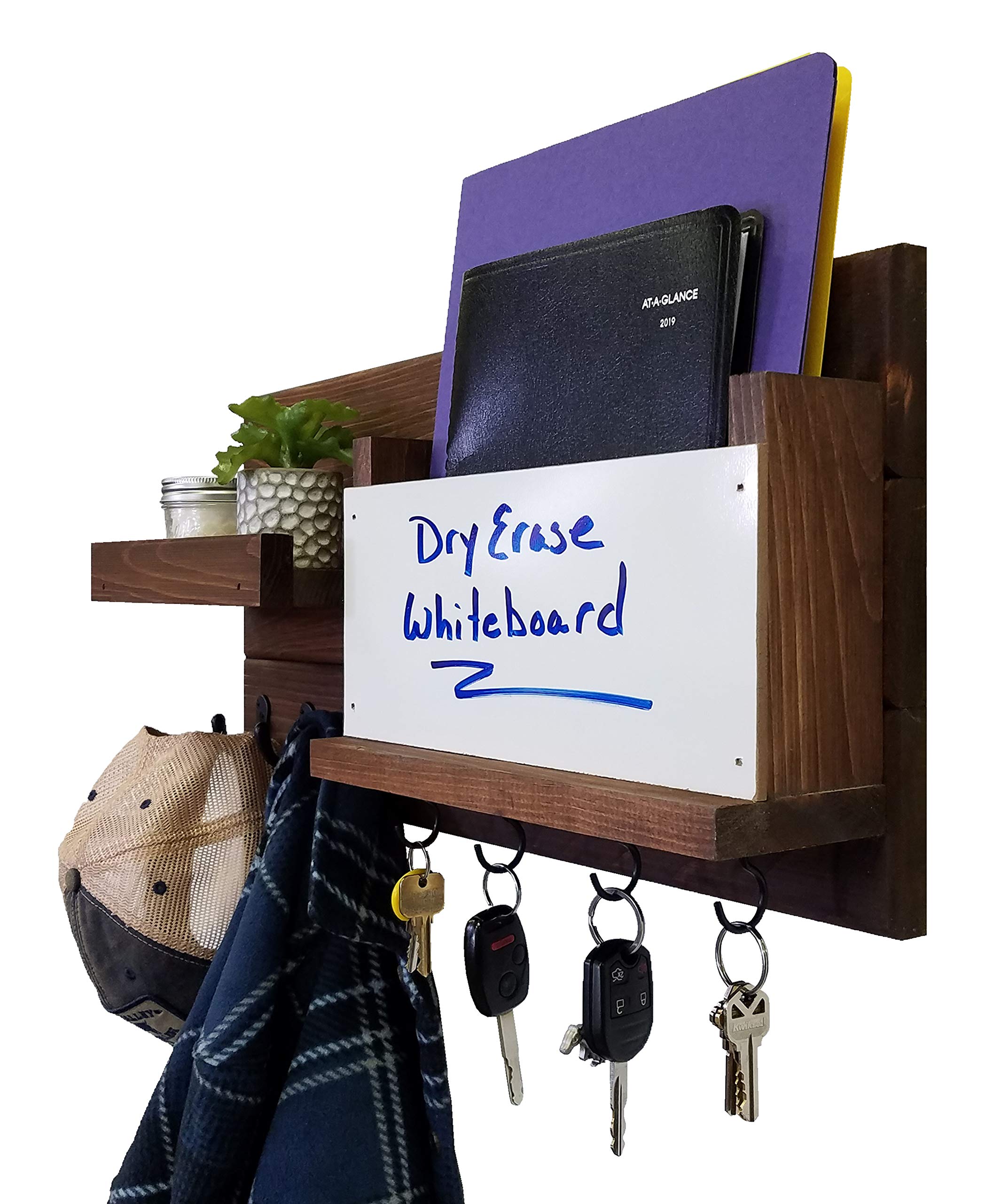 Farmhouse Style Dry Erase Whiteboard with Hooks - Wall Mounted Mail Organizer, Key Holder & Entryway Storage - Handmade in USA (20 Color Options, Special Walnut Shown) - Perfect for Home Office, Kitchen Command Center & Mudroom Organization