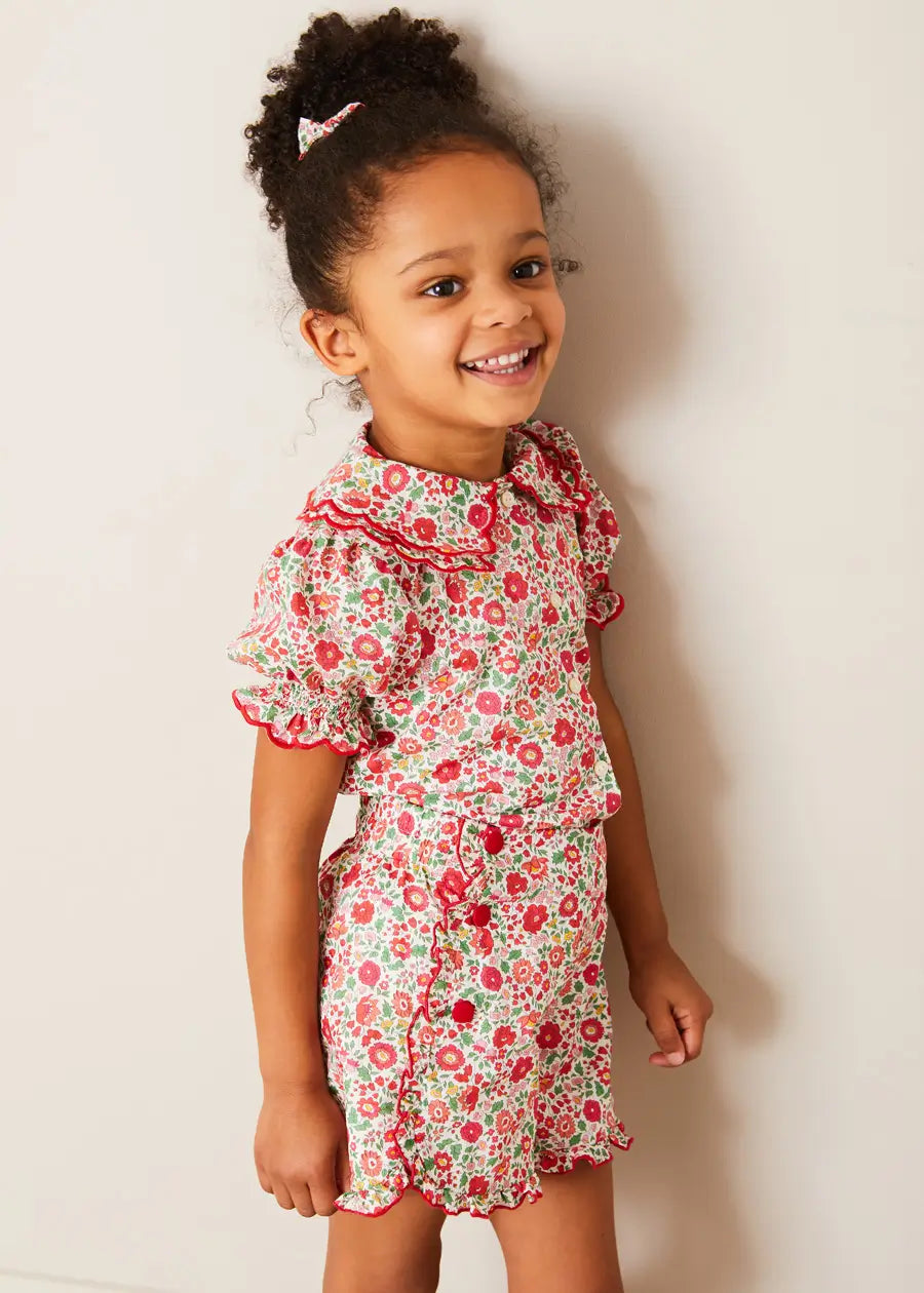 Margot Floral Short Sleeve Blouse - Red Liberty Fabric for Girls (18m-12yrs) | Perfect for Spring Outfits, Birthday Parties & Family Photos