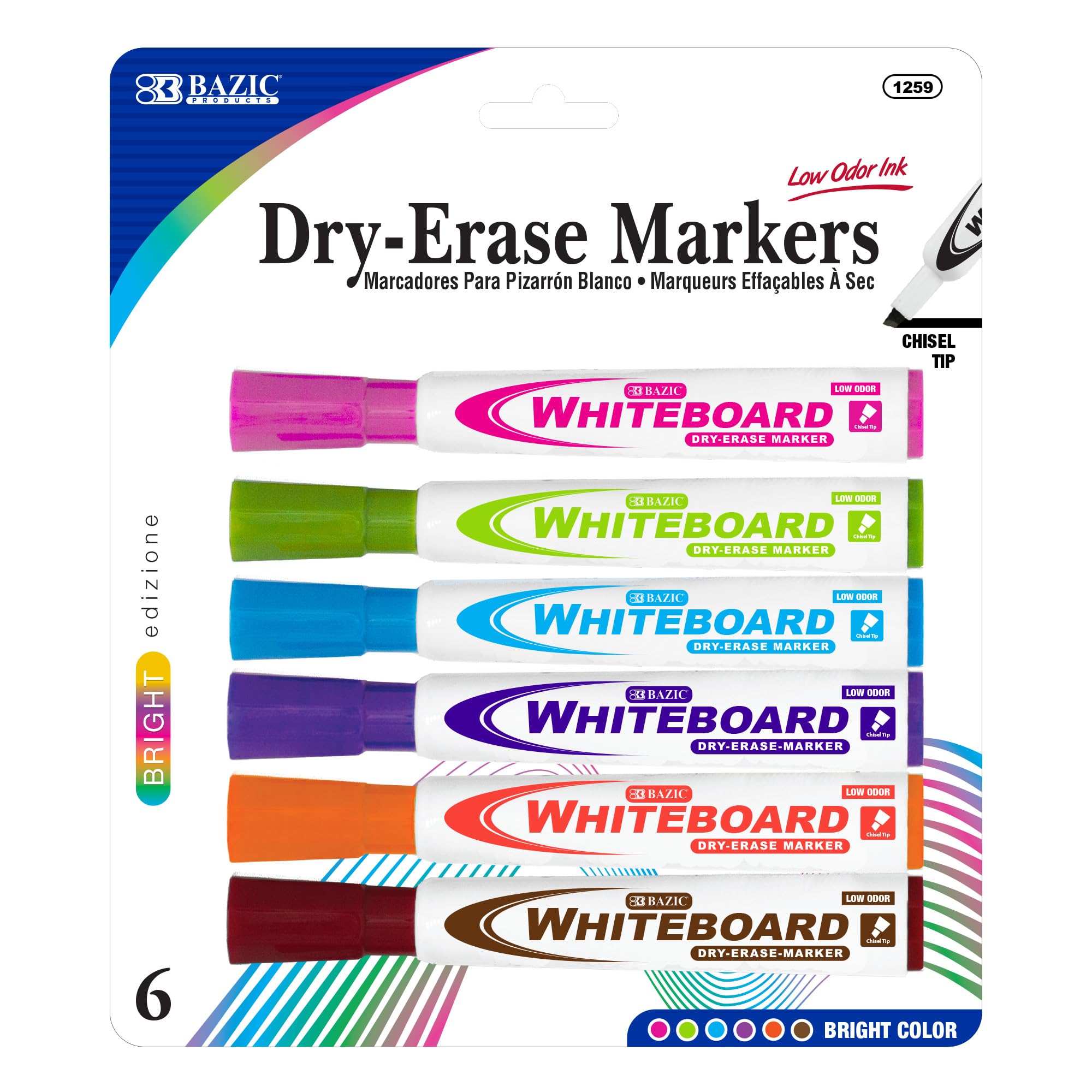 BAZIC Bright Color Dry Erase Markers - Chisel Tip Whiteboard Pens, Low Odor White Board Markers, 6-Pack (72 Pens Total) - Ideal for Classroom, Office & Home Use on Whiteboards, Glass & Non-Porous Surfaces