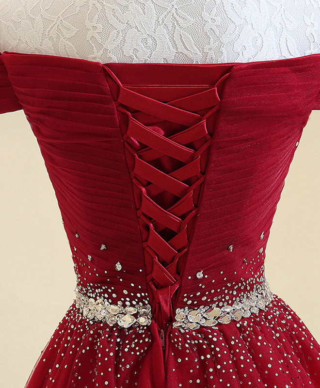 Elegant Burgundy Tulle Off-Shoulder Long Prom Dress - Formal Evening Gown for Homecoming, Wedding, and Special Occasions
