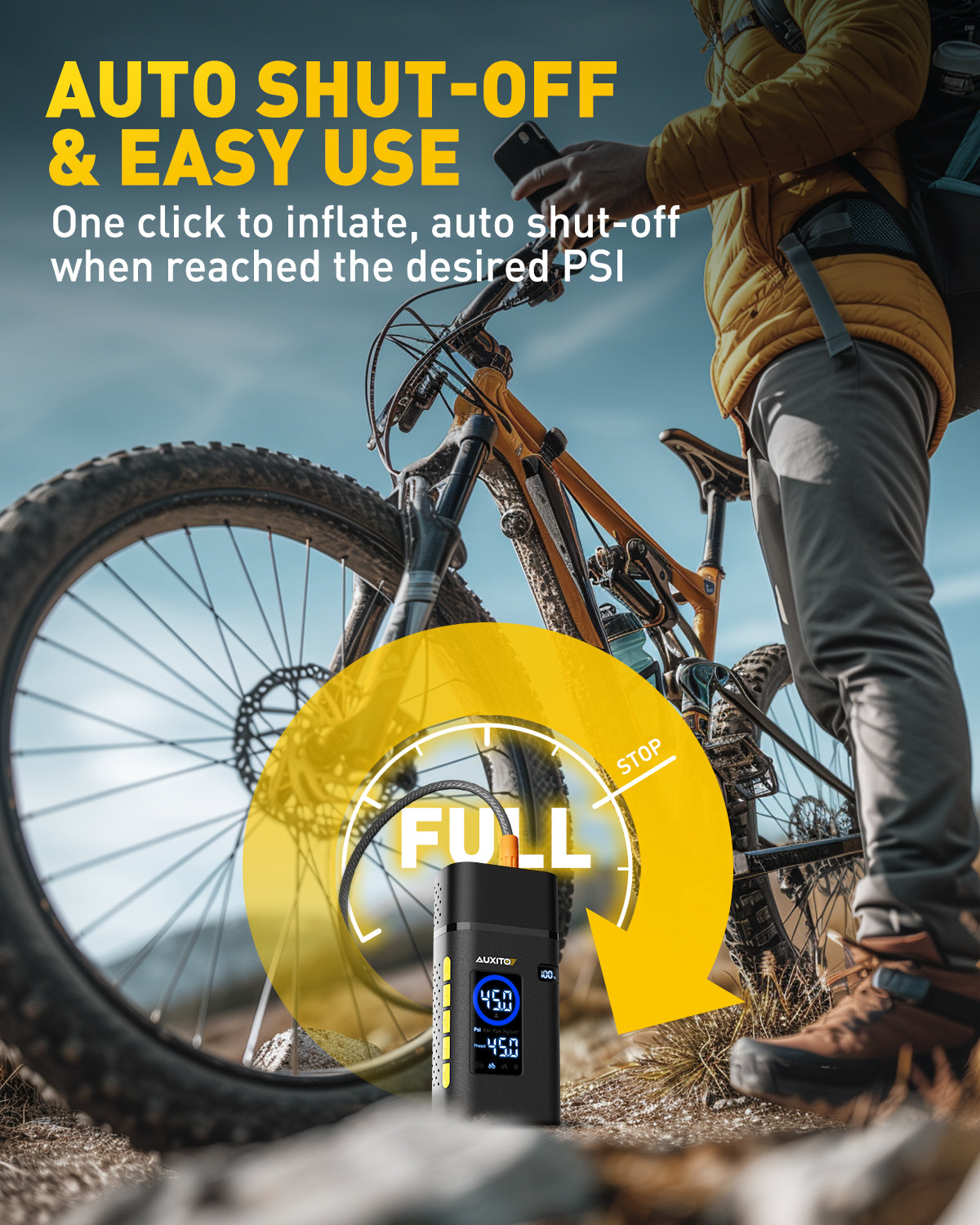 AUXITO A501 Cordless Tire Inflator - 150 PSI Portable Air Compressor with Fast Inflation, Smart Digital Display & LED Light for Cars, Bikes, SUVs and Outdoor Adventures