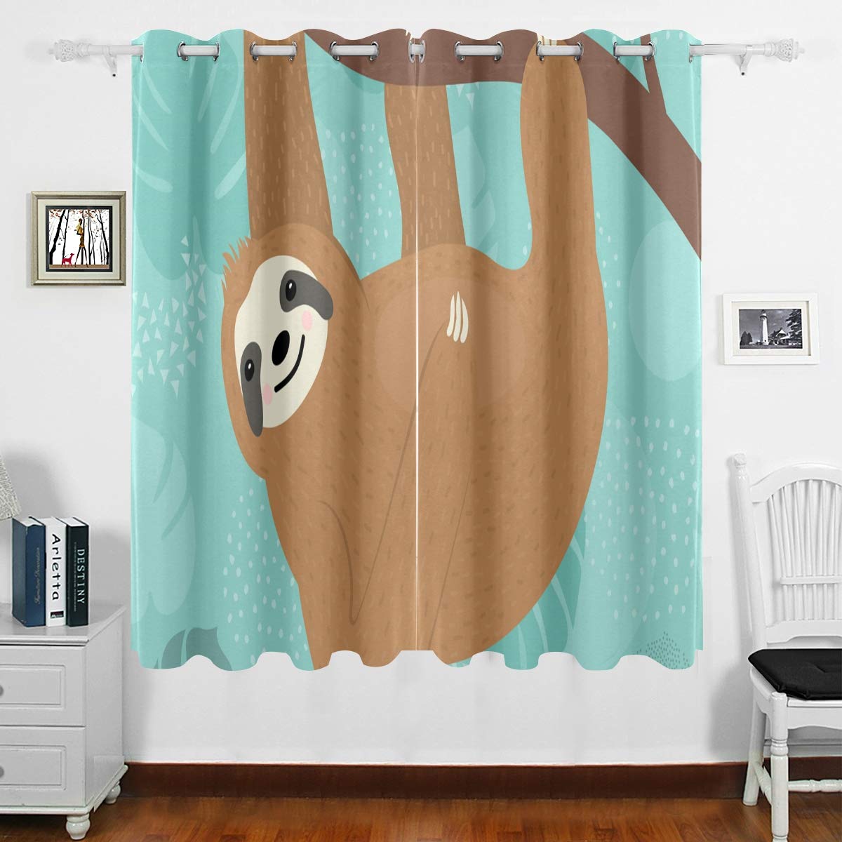 DOMIKING Blackout Curtain Panels - Thermal Insulated Sloth Tree Design Grommet Drapes for Bedroom & Living Room (63x55 inches) | Noise Reducing & Energy Saving Window Treatment for Nursery, Home Theater & Office