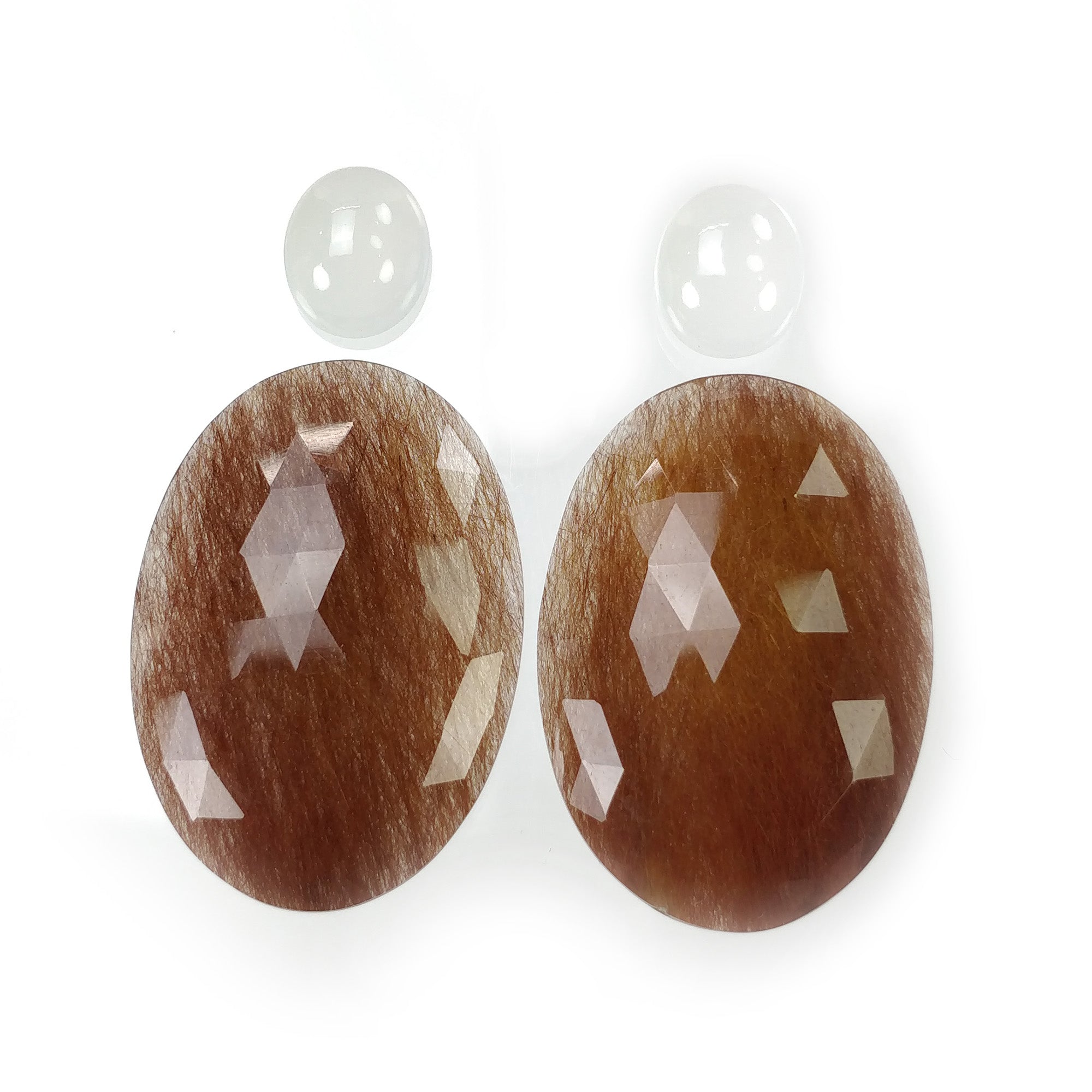 Natural Brown Rutile Quartz Moonstone Gemstone Cabochon & Rose Cut - 89.85cts Untreated Oval Shape (37x26mm) + 4pcs (12x10mm) for Jewelry Making, Healing Crystals & Spiritual Collection