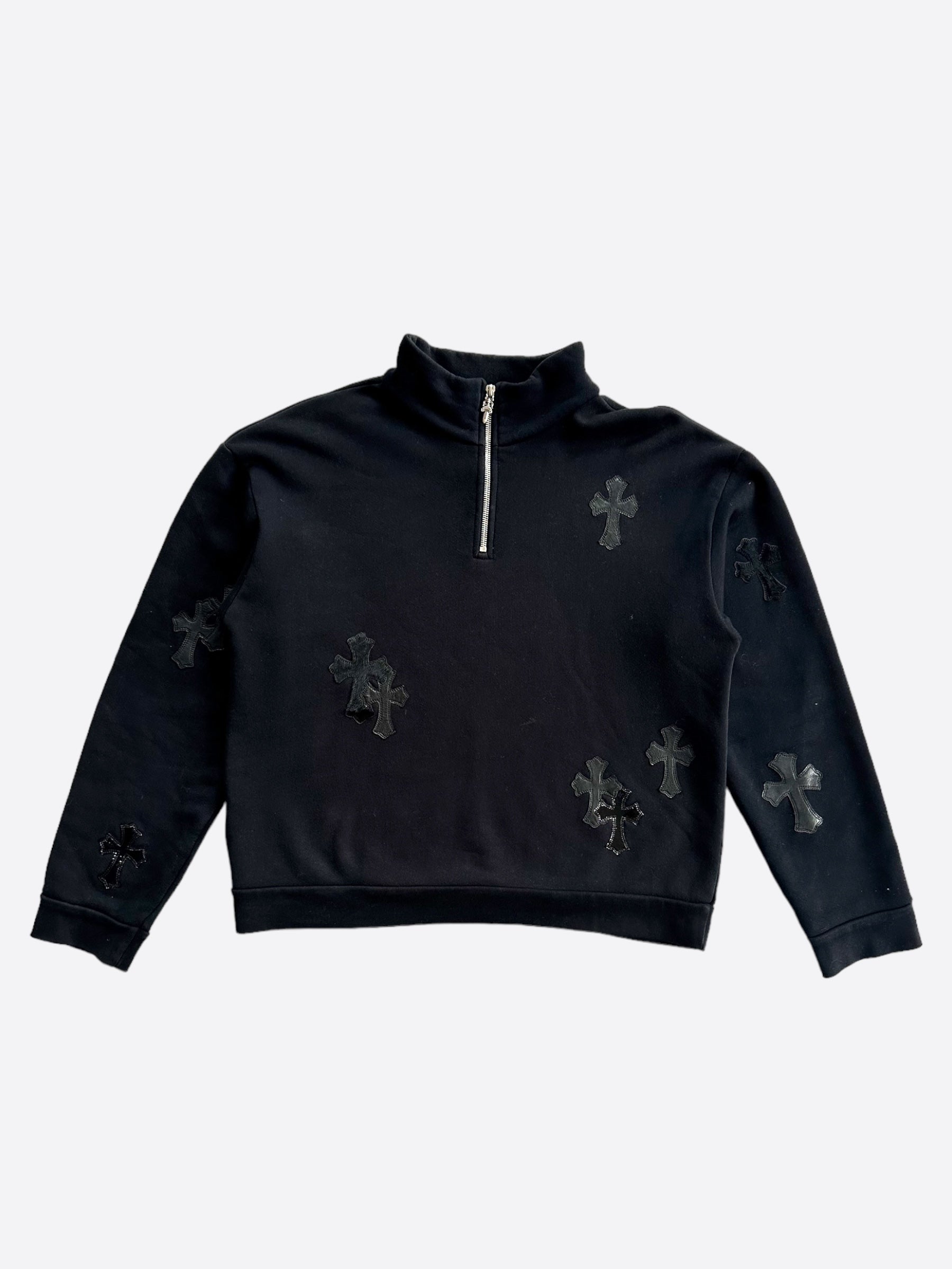 Chrome Hearts Black Cross Embroidered Patch Cropped Quarter Zip Sweater for Women | Gothic Streetwear Fashion | Perfect for Concerts, Parties & Casual Outfits