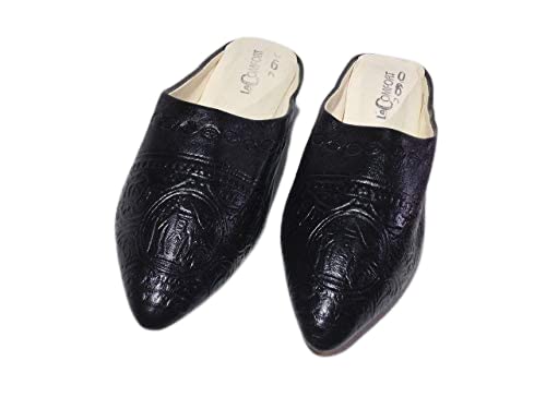 Women's Black Leather Heeled Slippers - Handmade House Slippers with Arch Support for Ladies - Perfect for Indoor Comfort & Casual Wear