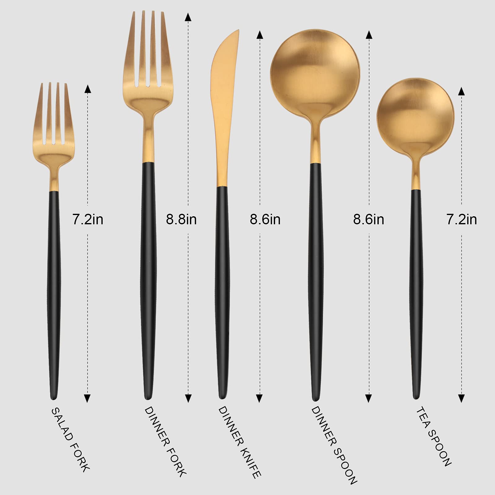 Vanys 30-Piece Matte Gold Stainless Steel Flatware Set with Black Handles - Knives, Forks & Spoons for 6 People - Satin Finish Cutlery Set for Dinner Parties, Weddings & Everyday Dining