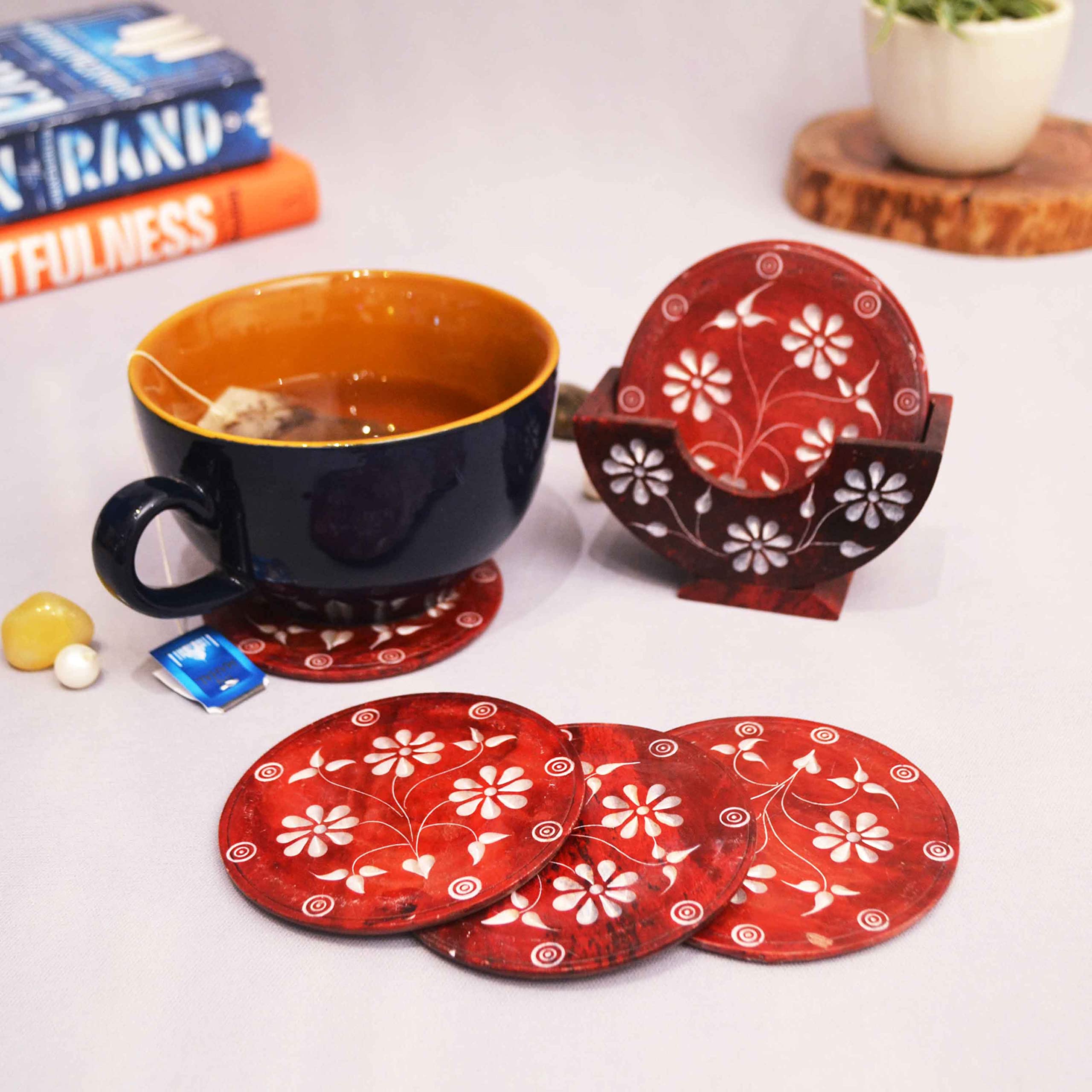 Premium Marble Coasters Set of 6 with Stand - Handcrafted by Indian Artisans | Elegant Tableware for Coffee, Tea & Wine Glasses | Perfect for Home Décor, Office & Gift Giving