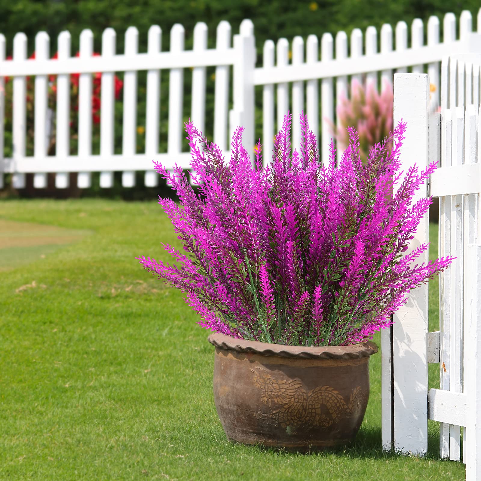 12 Pack Artificial Lavender Flowers - UV Resistant Faux Plastic Plants for Outdoor Garden, Porch & Window Box Decor - Fade Proof Fushia Fake Flowers (Perfect for Wedding Centerpieces, Home Decor & Landscaping)