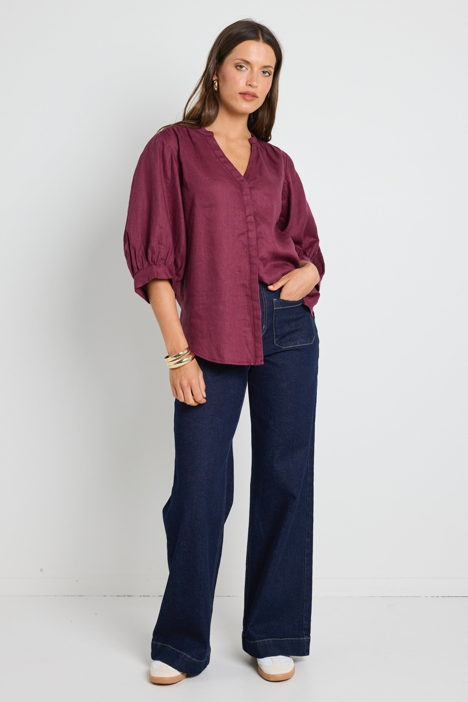 Deity Women's Burgundy Plum Linen Button-Down Blouse with Puff Sleeves - Elegant Casual Top for Office, Date Night & Summer Outfits