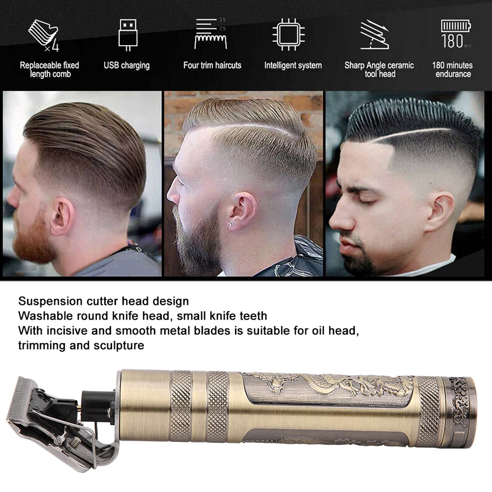 Professional Rechargeable Electric Hair Clipper for Men - Cordless Low Noise Hair Trimmer with USB Charging, Gold - Perfect for Home Barbering, DIY Haircuts & Beard Grooming